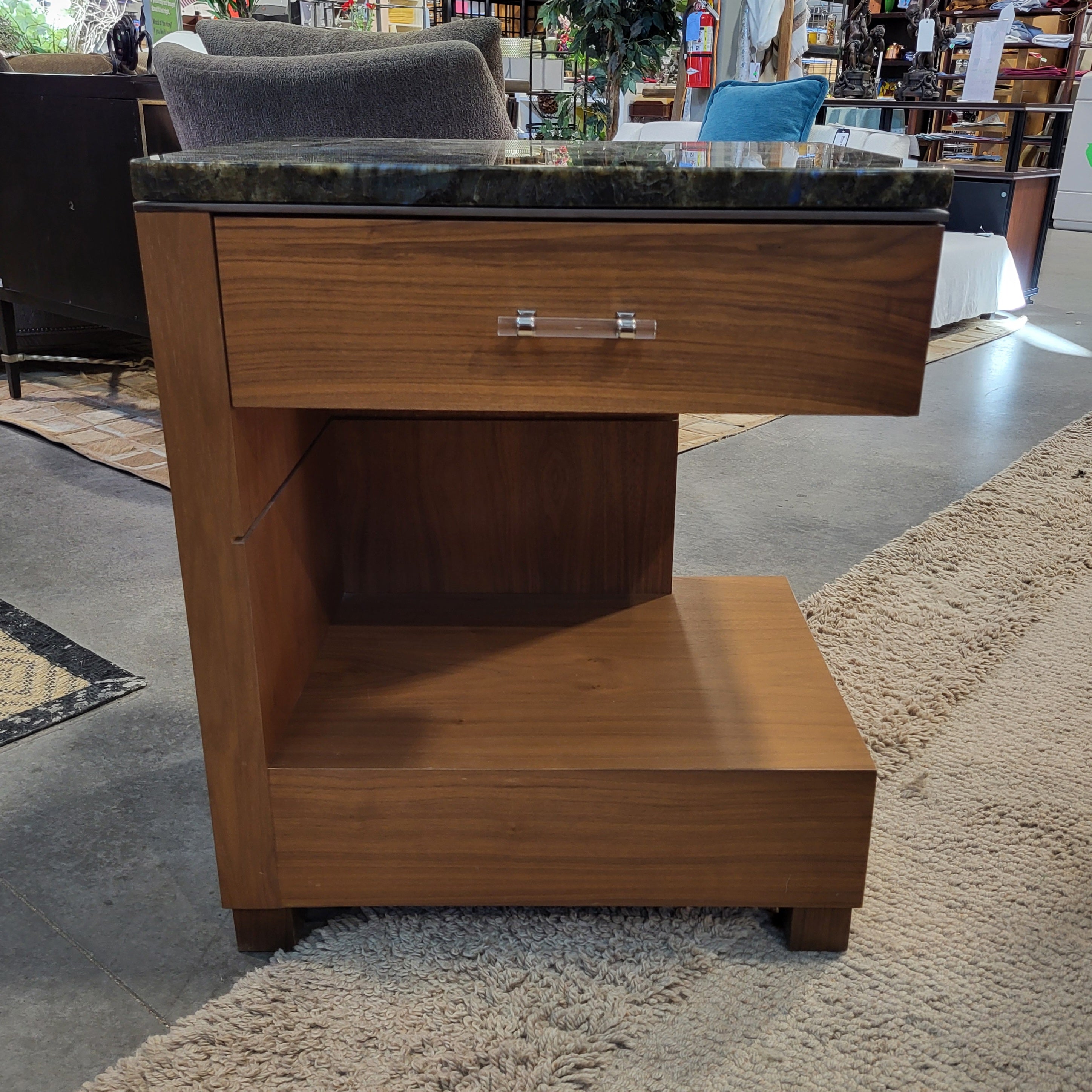 Custom Walnut Soft Close Drawer & Green Black Stone Top Nightstand 24"x 18"x 29"