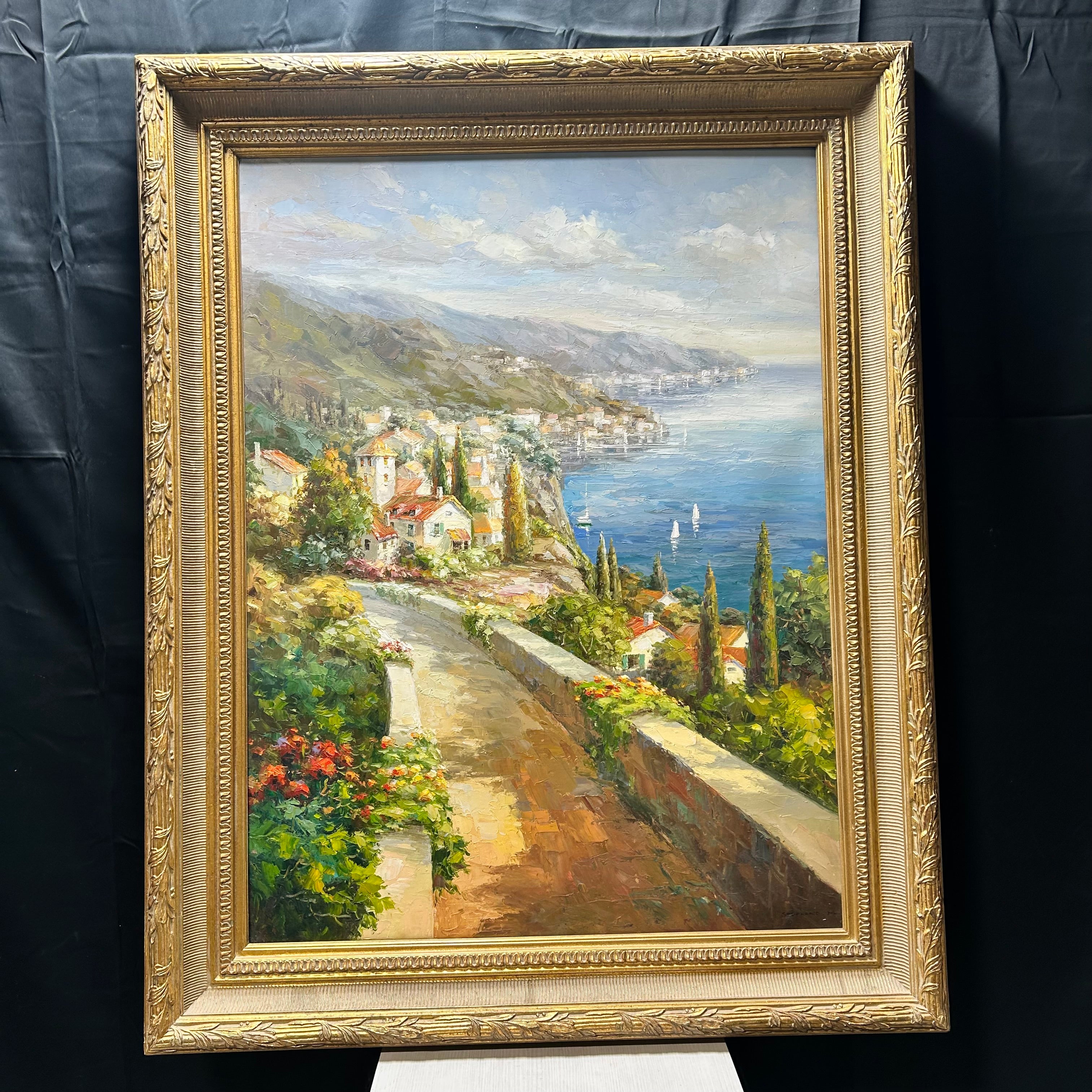 Large Oil Painting Of The Mediterranean  With Gold Wood Frame 47"x 59"