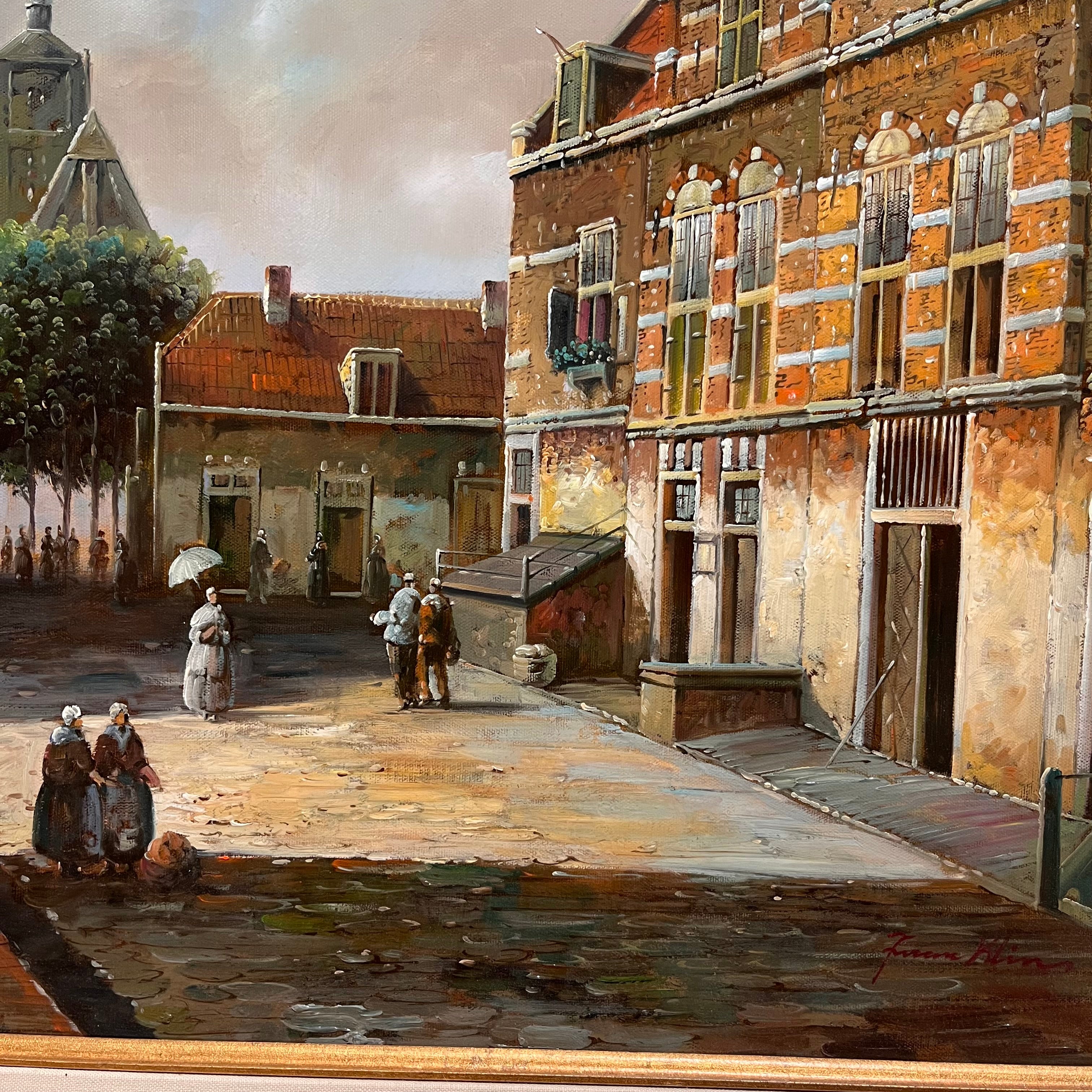 Fran Kline Hand Painted Continental Cobblestone and Church Town Scene Oil on Canvas Wall Decor; 31"x 35"