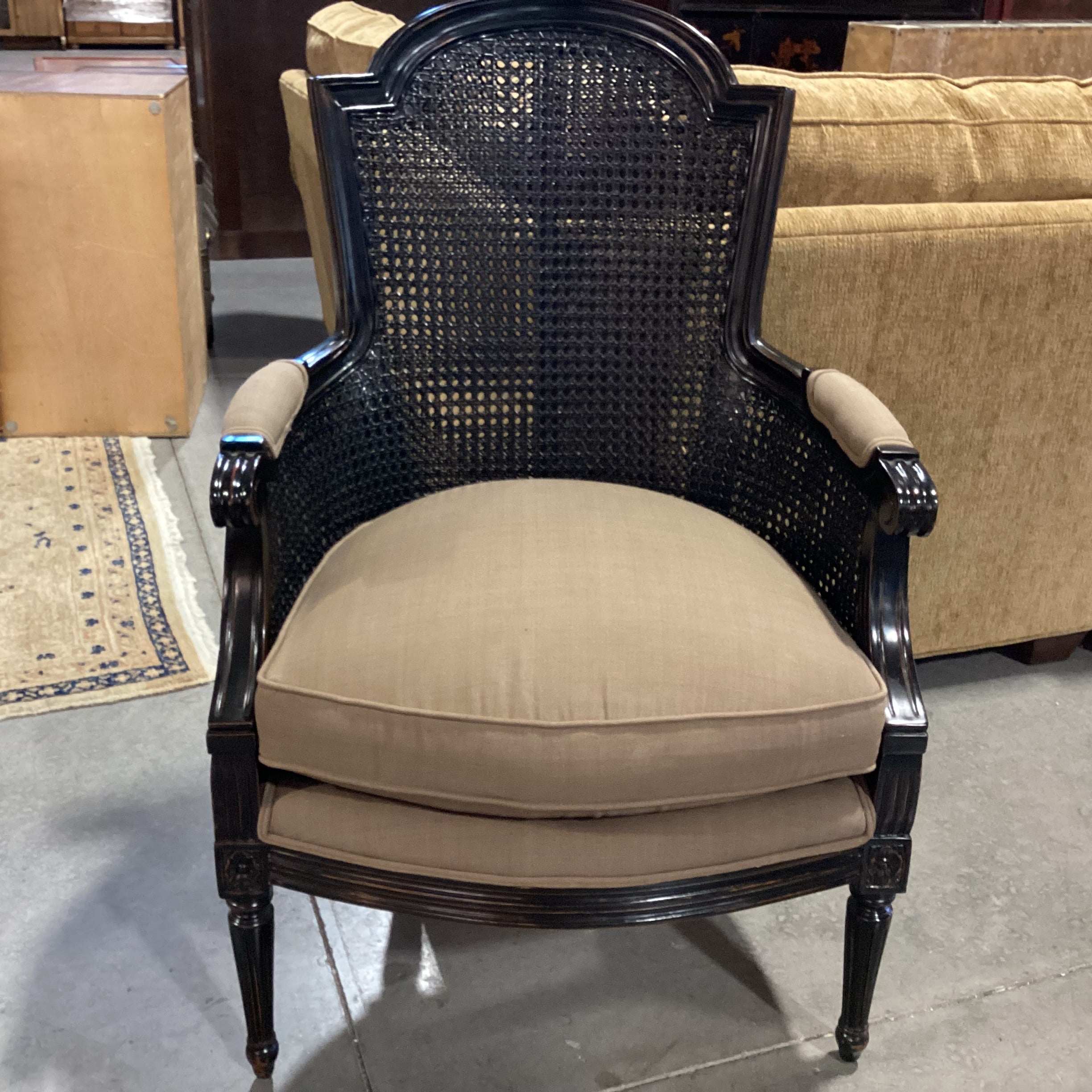 Black French Caning & Carved Wood with Taupe Brown Down Mix Upholstered Chair 26"x 24"x 40"