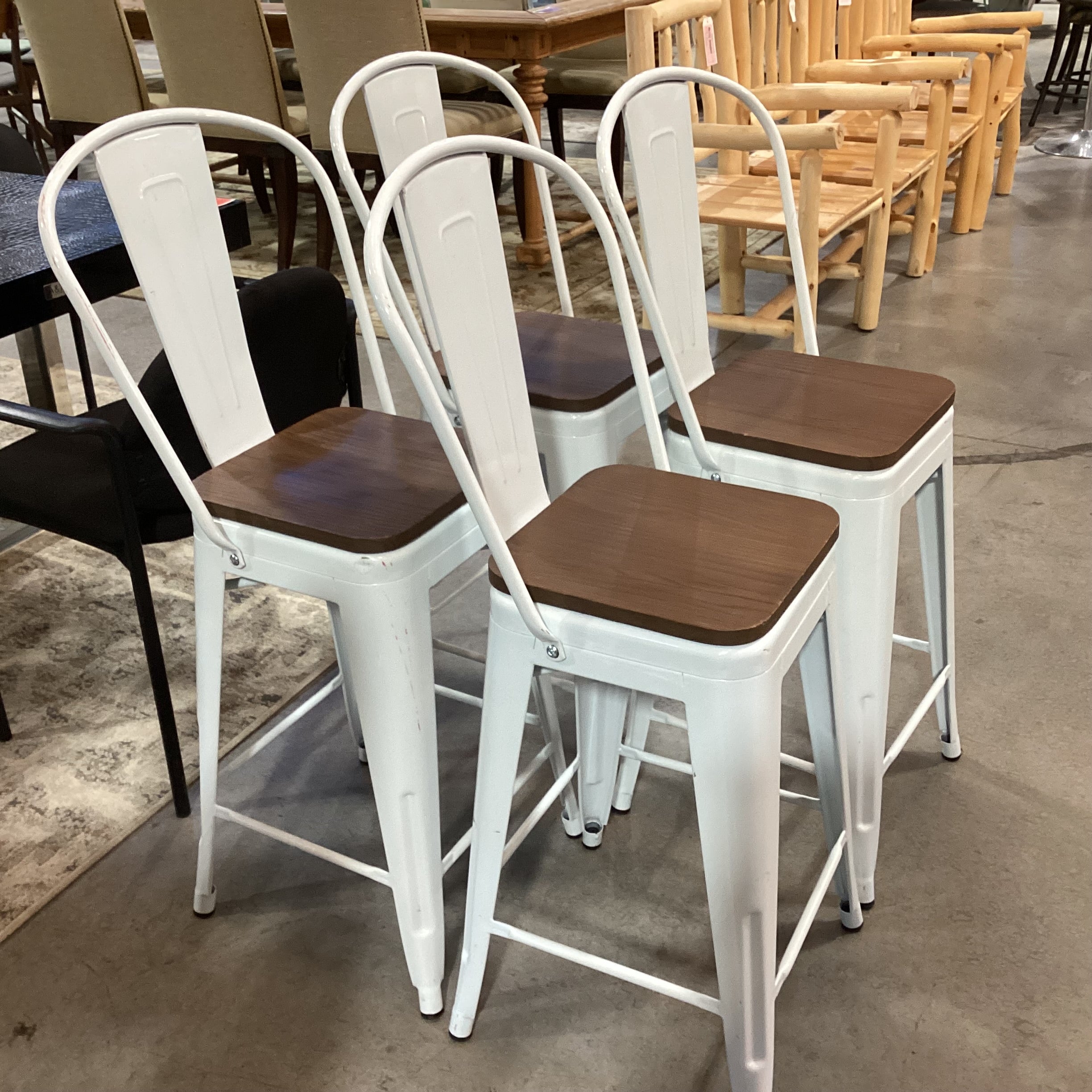 SET of 4 Industrial White Metal & Wood Seat Barstools 25"