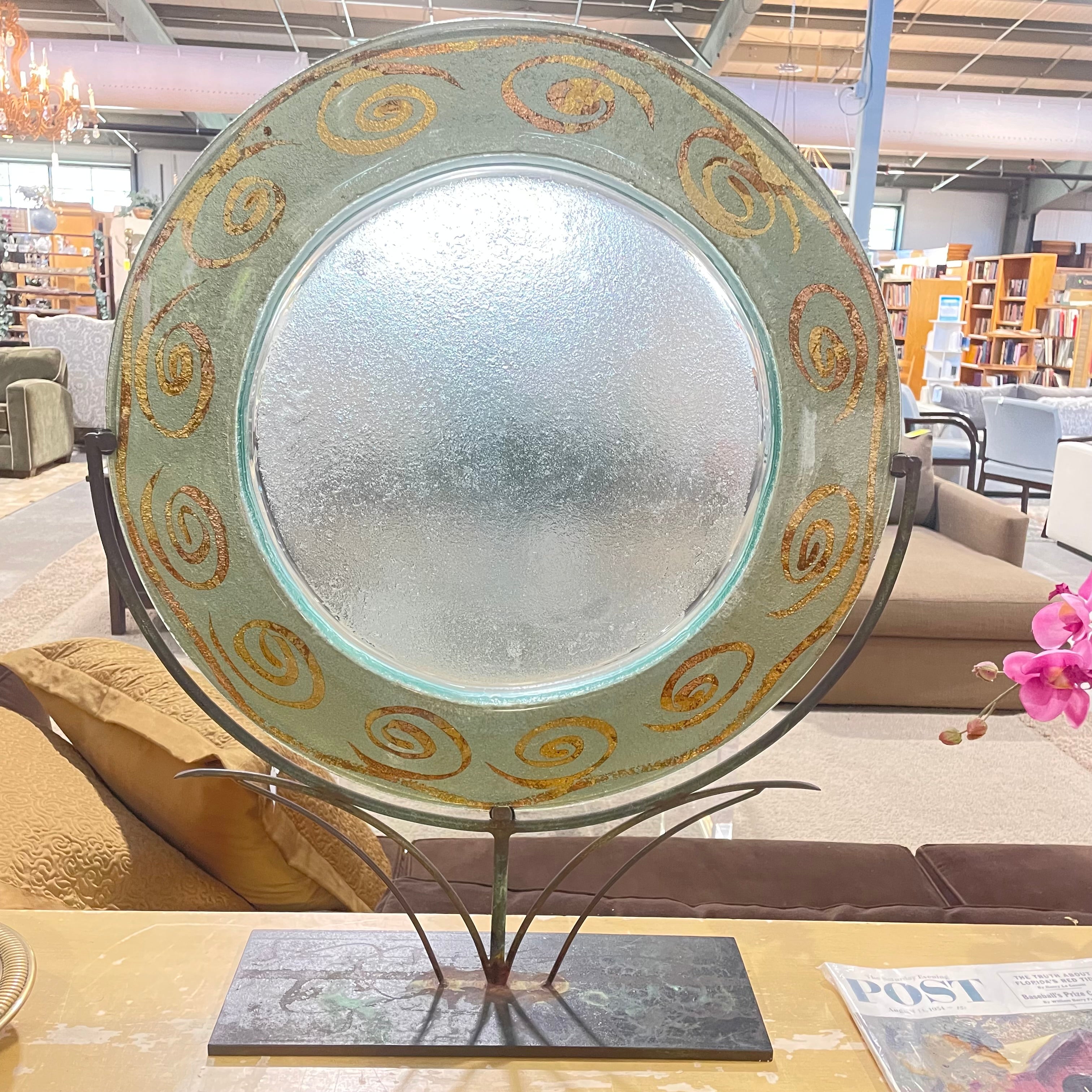 Tony Evans Signed Hand Blown, Handpainted Art Glass Gold Swirls on Turquoise Rim Charger  with Heavy Modern Iron Stand/Pedestal, 24"x 29.5"
