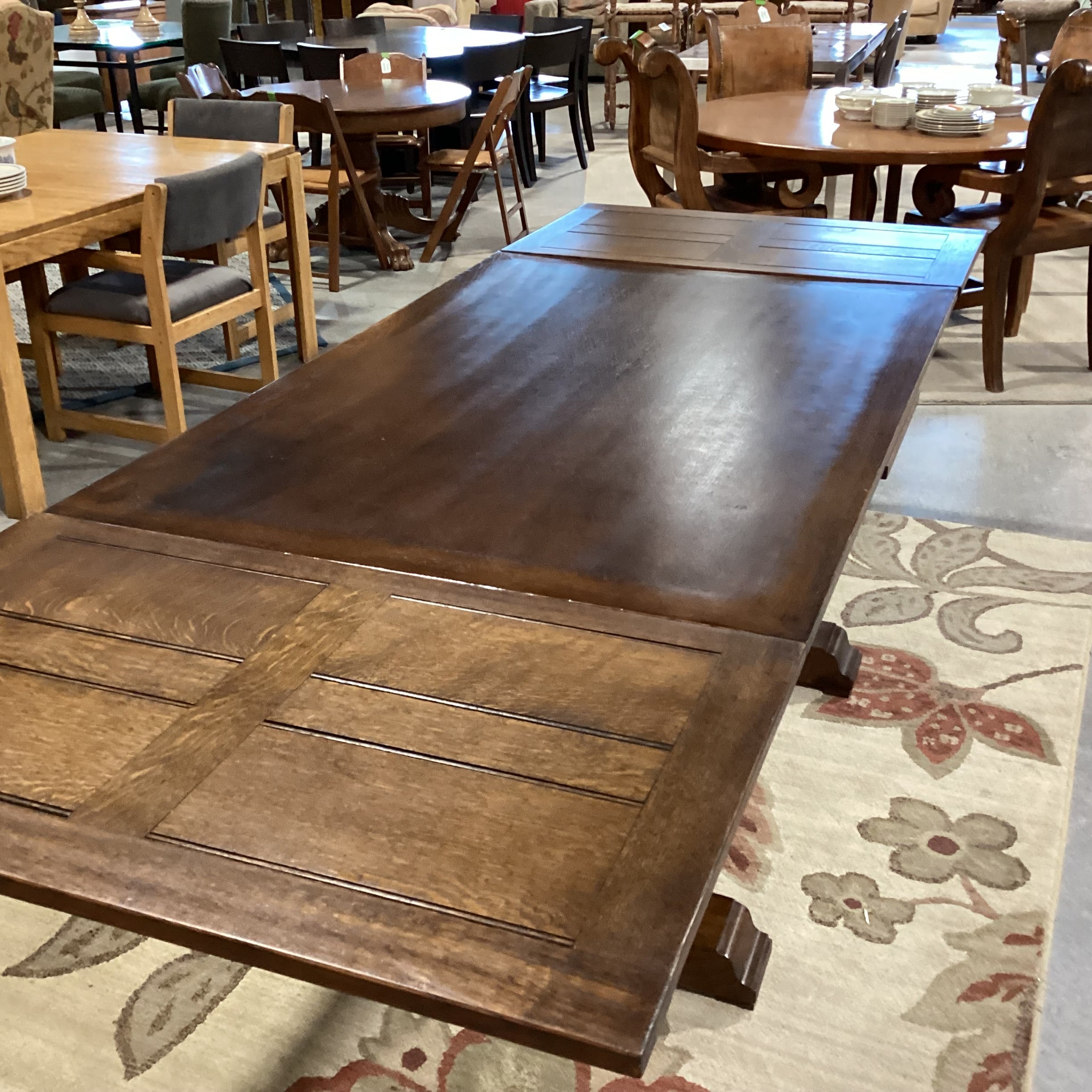 Antique Oak with Ornate Carved Trestle & 2 Extended End Leaves Dining Table 59" to 104"x 39"x 31"