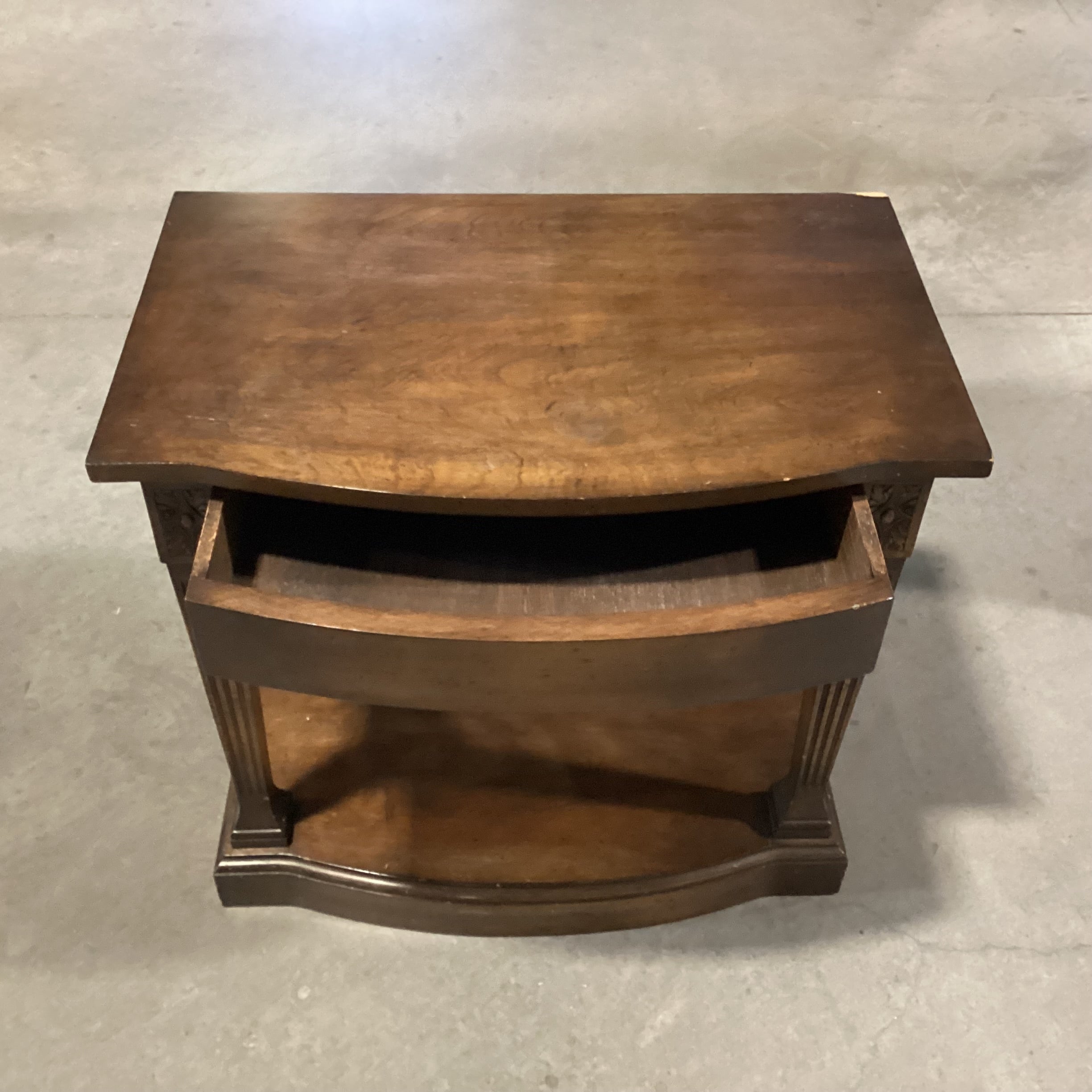 Vintage Finished Wood & Veneer with Fabric Back 1 Drawer End Table 28"x 18"x 26"