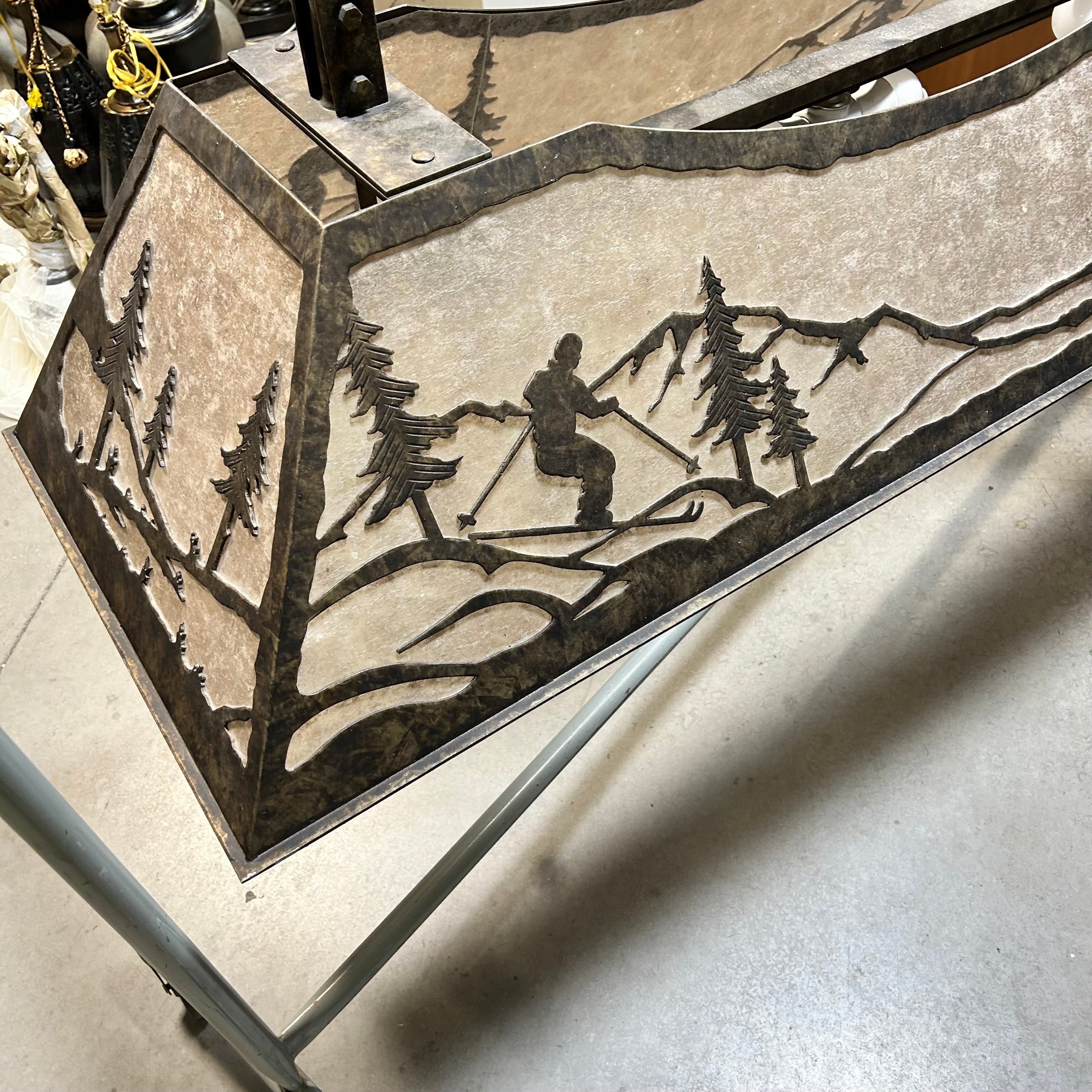 One Of A Kind Oblong Ski Chair Lift Mounting Arm Outdoor Them Mica And Steel Pendant Chandelier 60"x22"x 42"