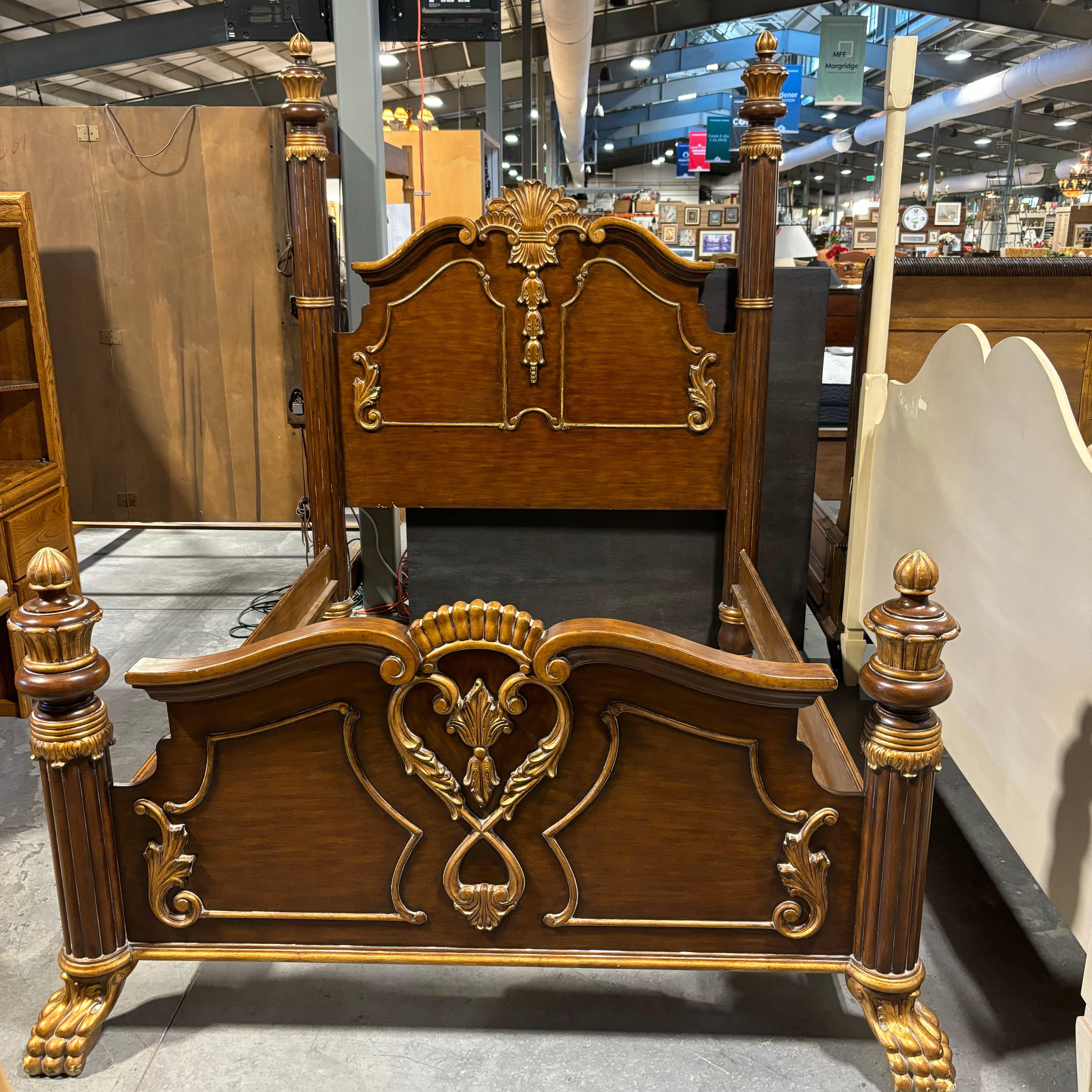 QUEEN Ornate Carved Solid Wood with Gold & Dark Brown Finish & Claw Feet Poster Bed 71"x 96"x 88"