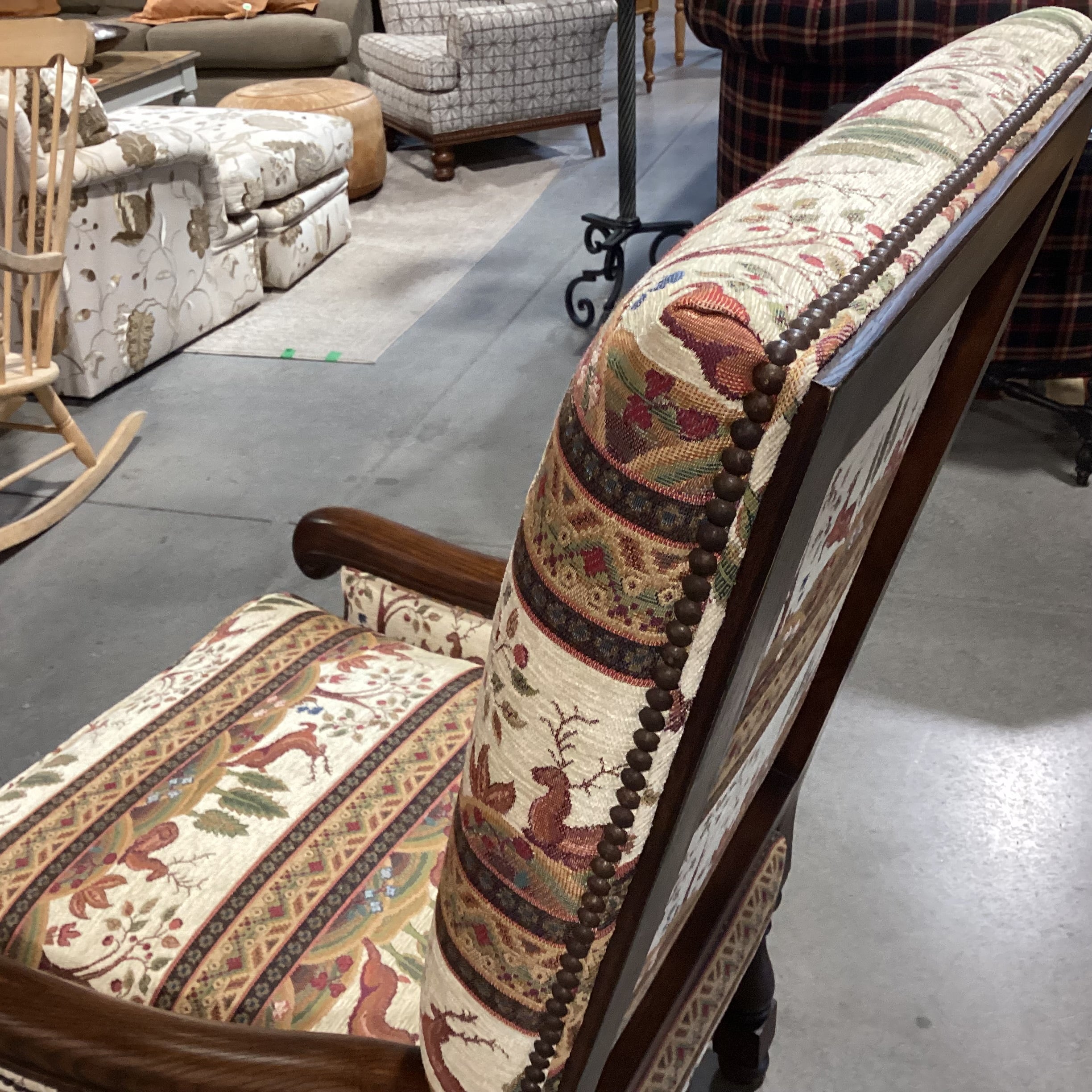 Dindy Foster Interiors Custom Deer Floral Nailhead & Carved Wood Highback Chair 31"x 31"x 47"