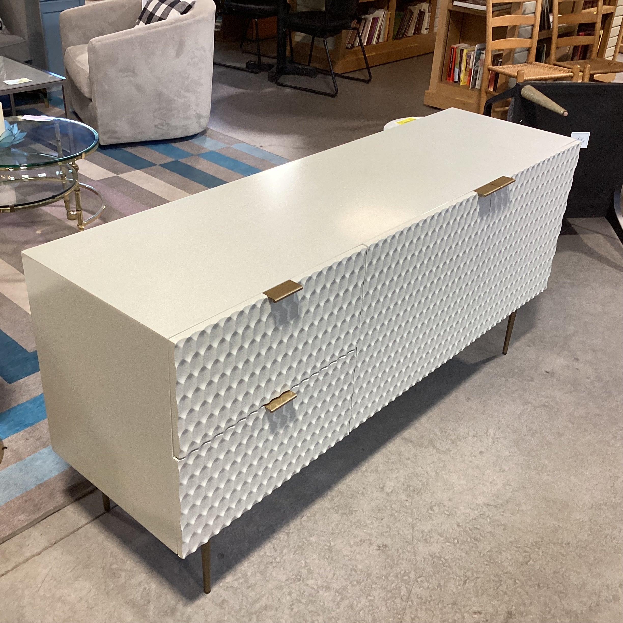 Williams Sonoma Audrey Parchment Kiln Dried Engineered Wood & Antiqued Brass Metal Handles Buffet 62"x 19"x 29.5"