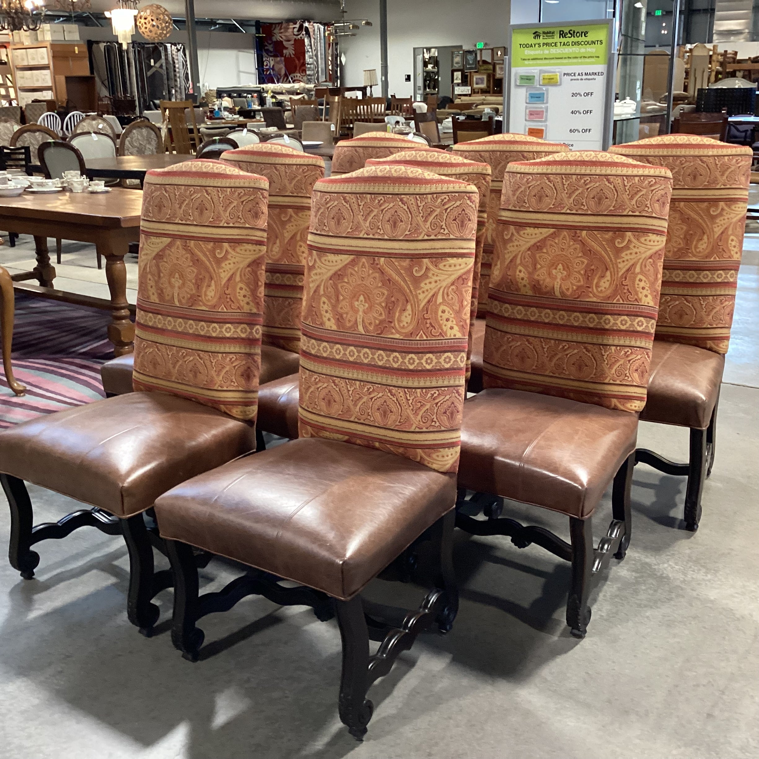 SET of 8 Carved Antiqued Black Wood Leather & Orange Gold Upholstered Dining Chairs 23"x 22"x 46"