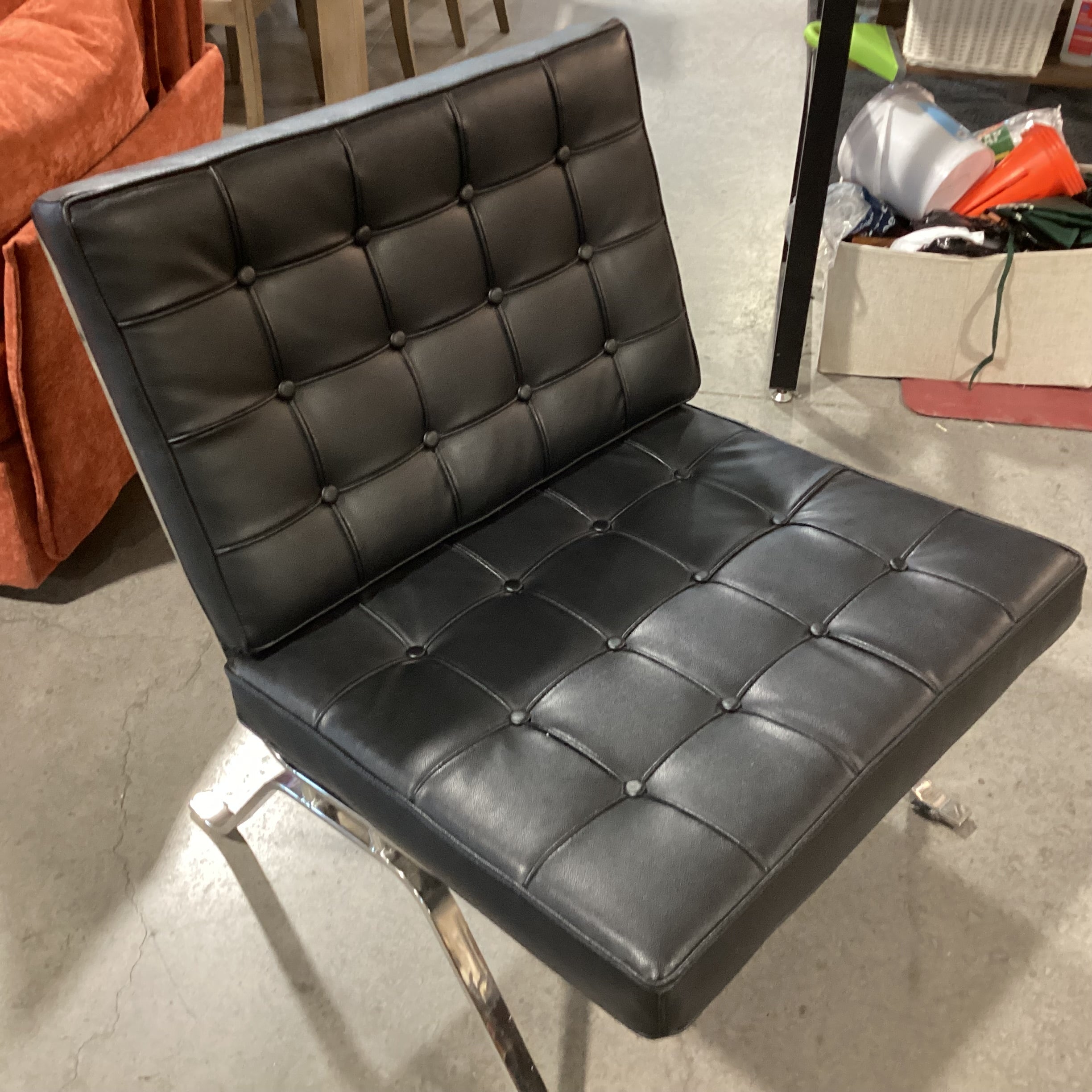 Barcelona Style Black Faux Leather Button Tufted & Chrome Lounge Chair 30"x 30"x 35"