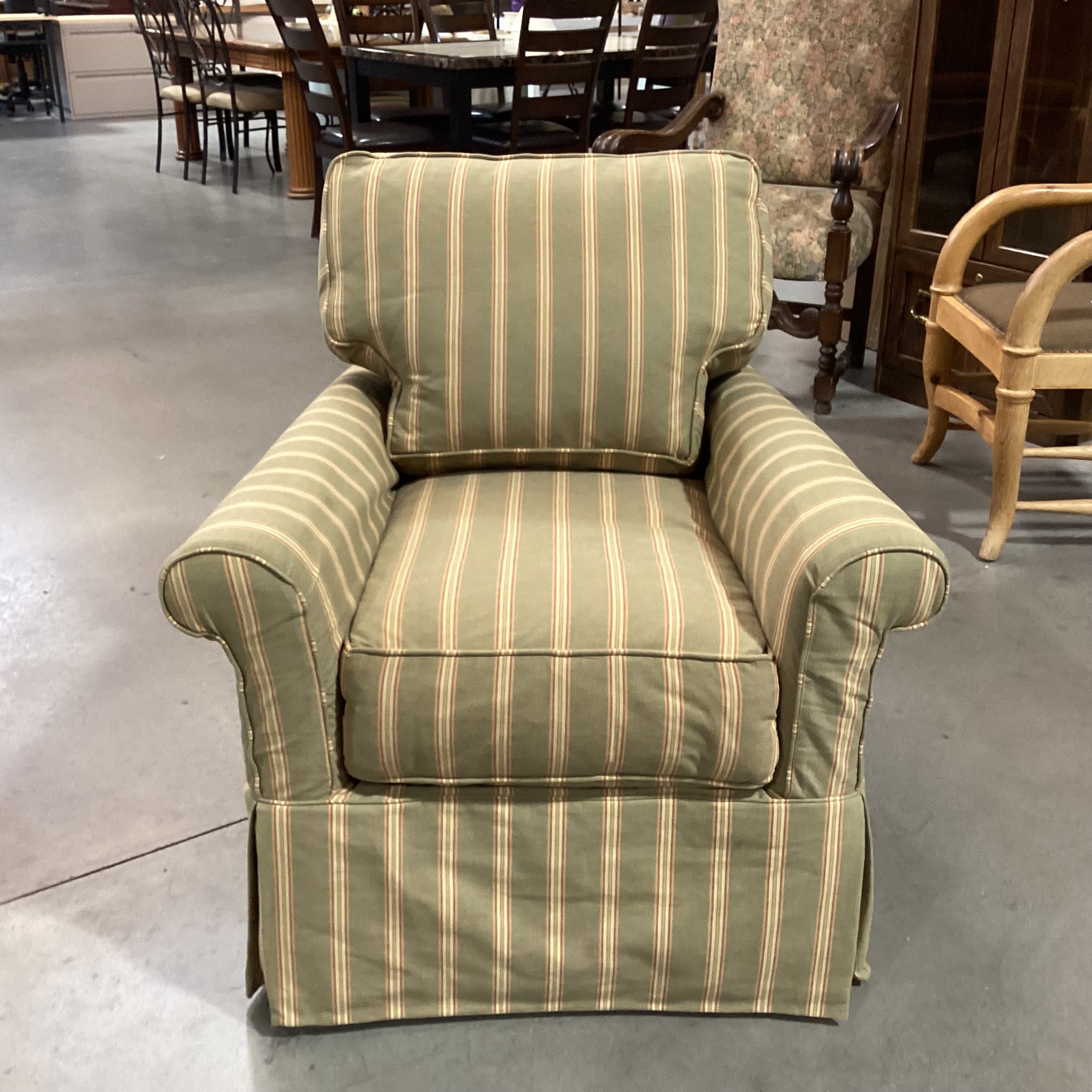 Crate & Barrel Lee Industries Sage with Gold Red Stripe Slipcovered Chair 33"x 36"x 32"