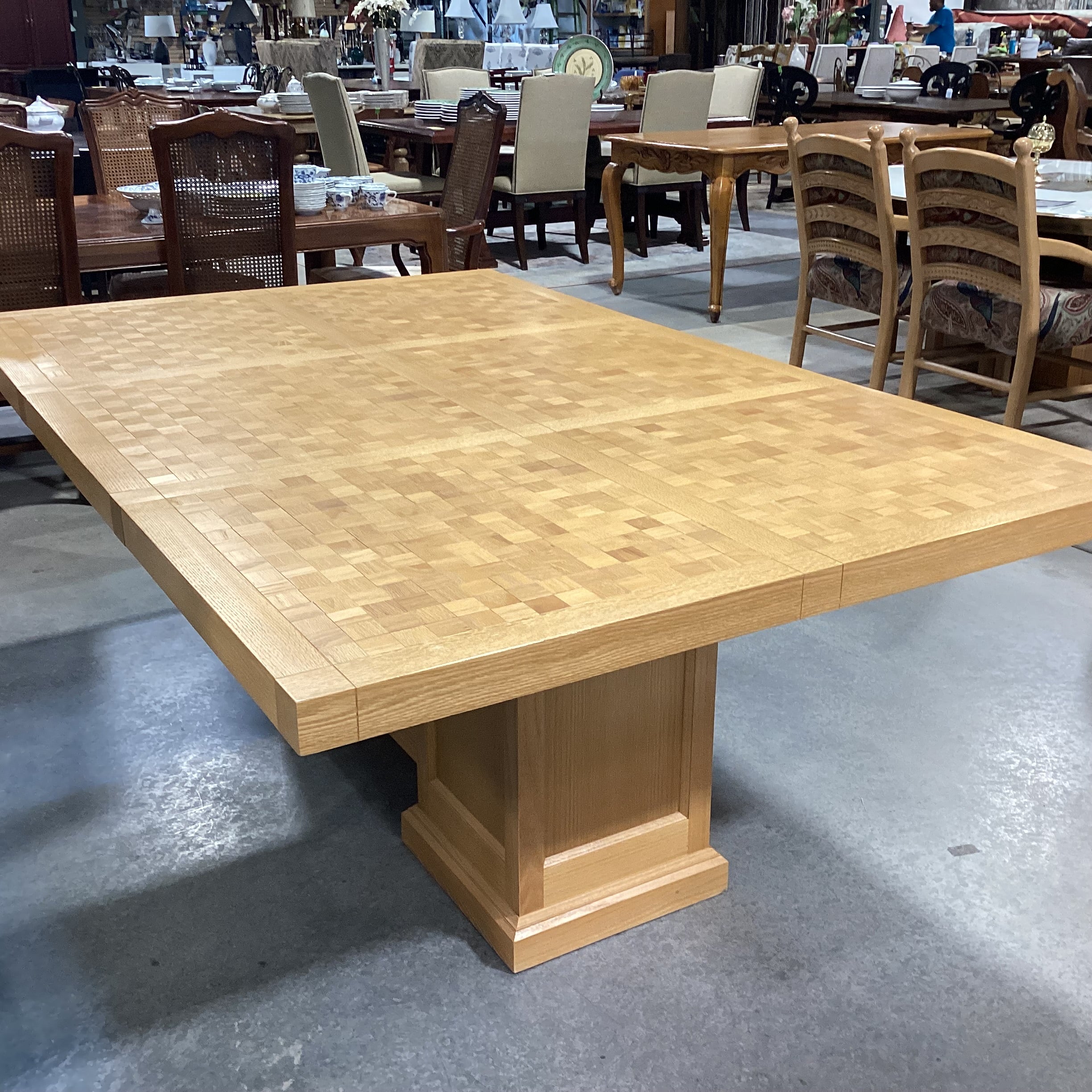 Frank Lloyd Wright Style Light Oak with Block Style Inset Dining Table 77.5"x 49.5"x 29.5"