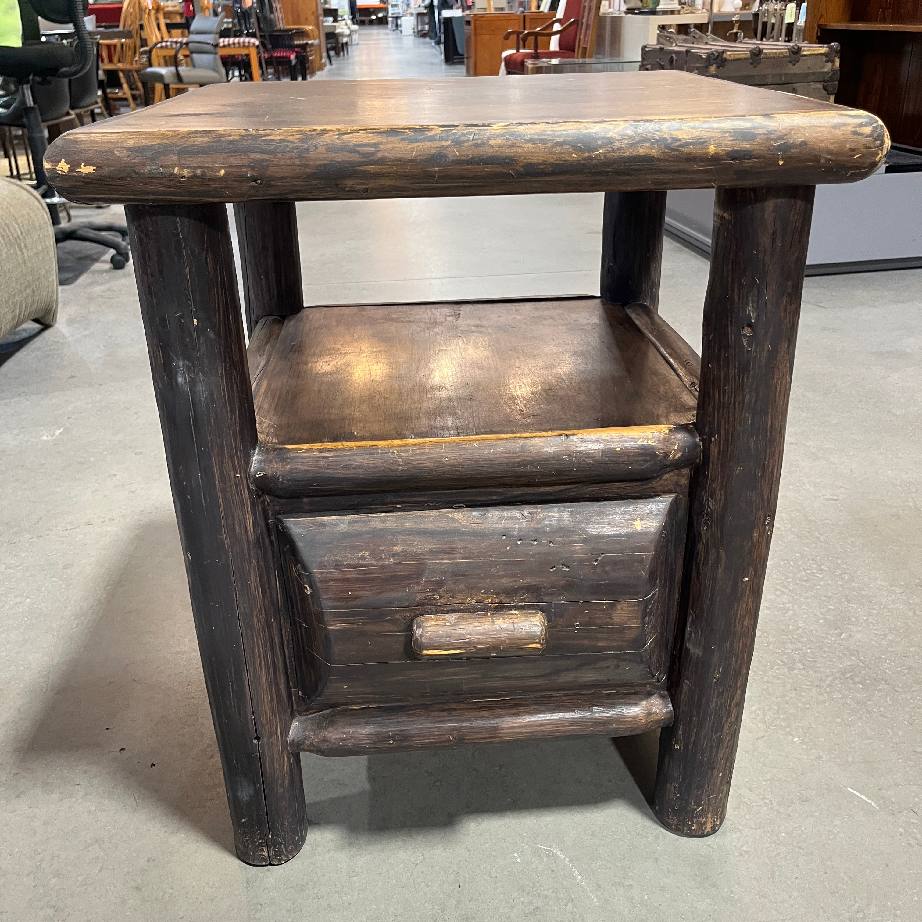 Rustic Distressed Dark Stain Cedar Log 1 Drawer End Table 24"x 22"x 30"