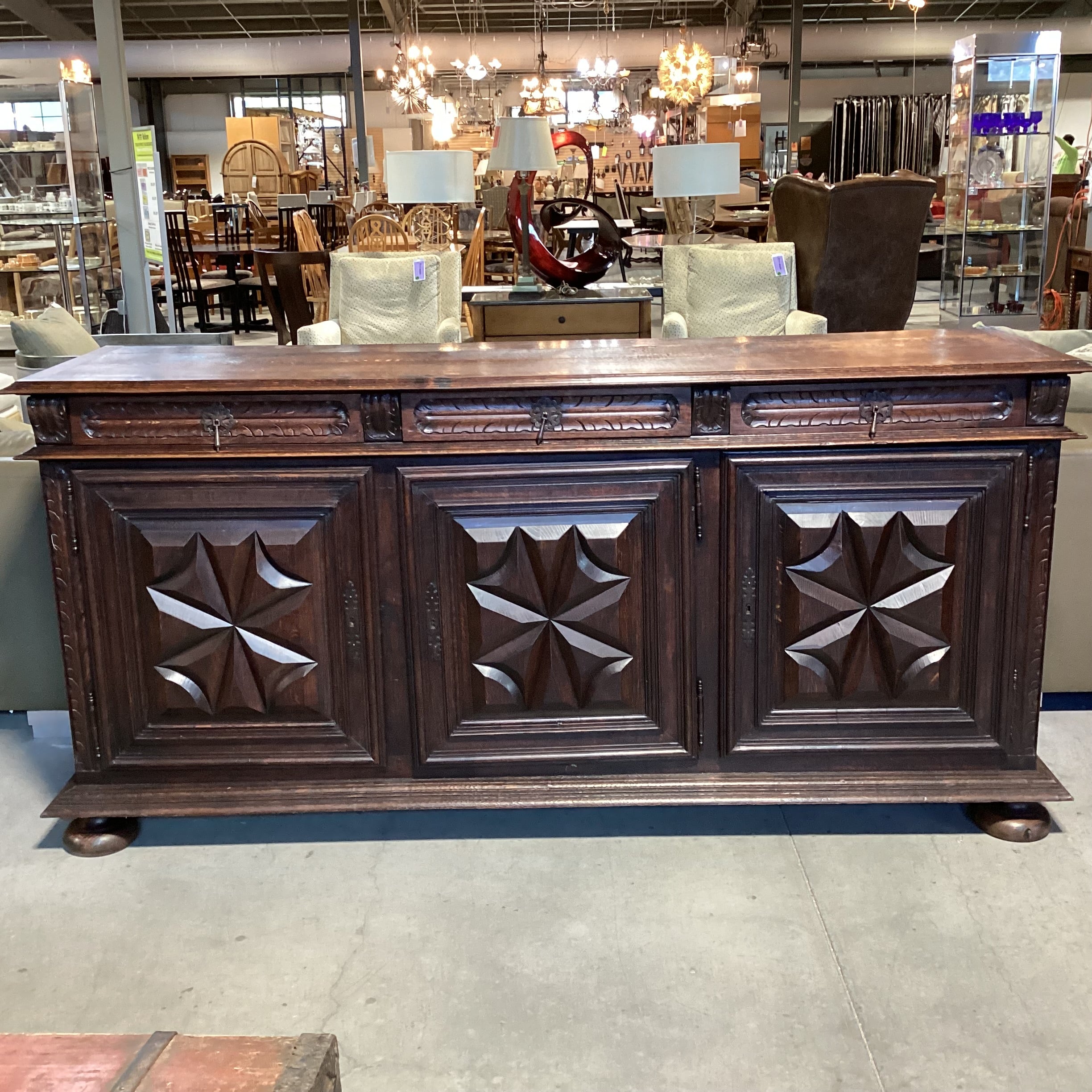 Antique Solid Carved Finished Oak 3 Drawer 3 Door Credenza 83"x 22"x 39"