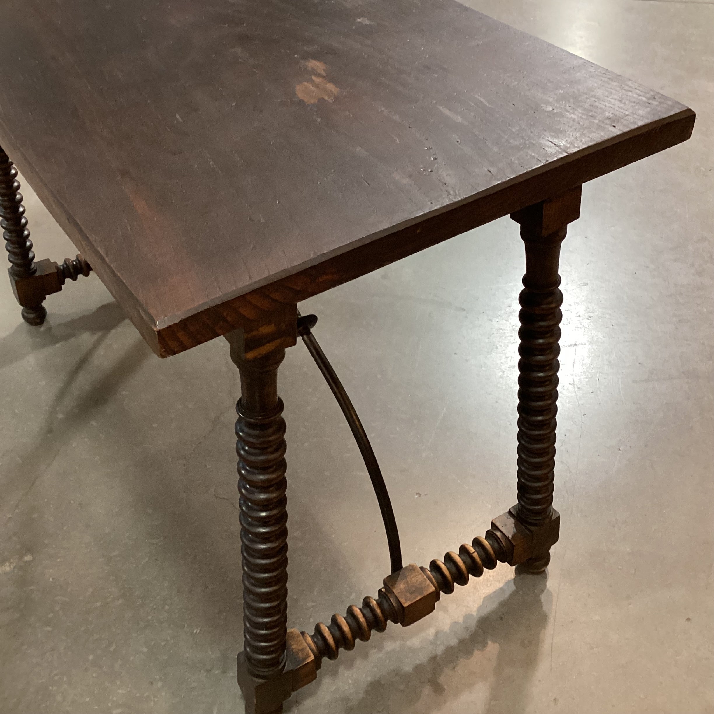 Antique Dark Finish Wood with Bobbin Turnings & Iron Stretchers Accent Table 44.5"x 22"x 28.5"