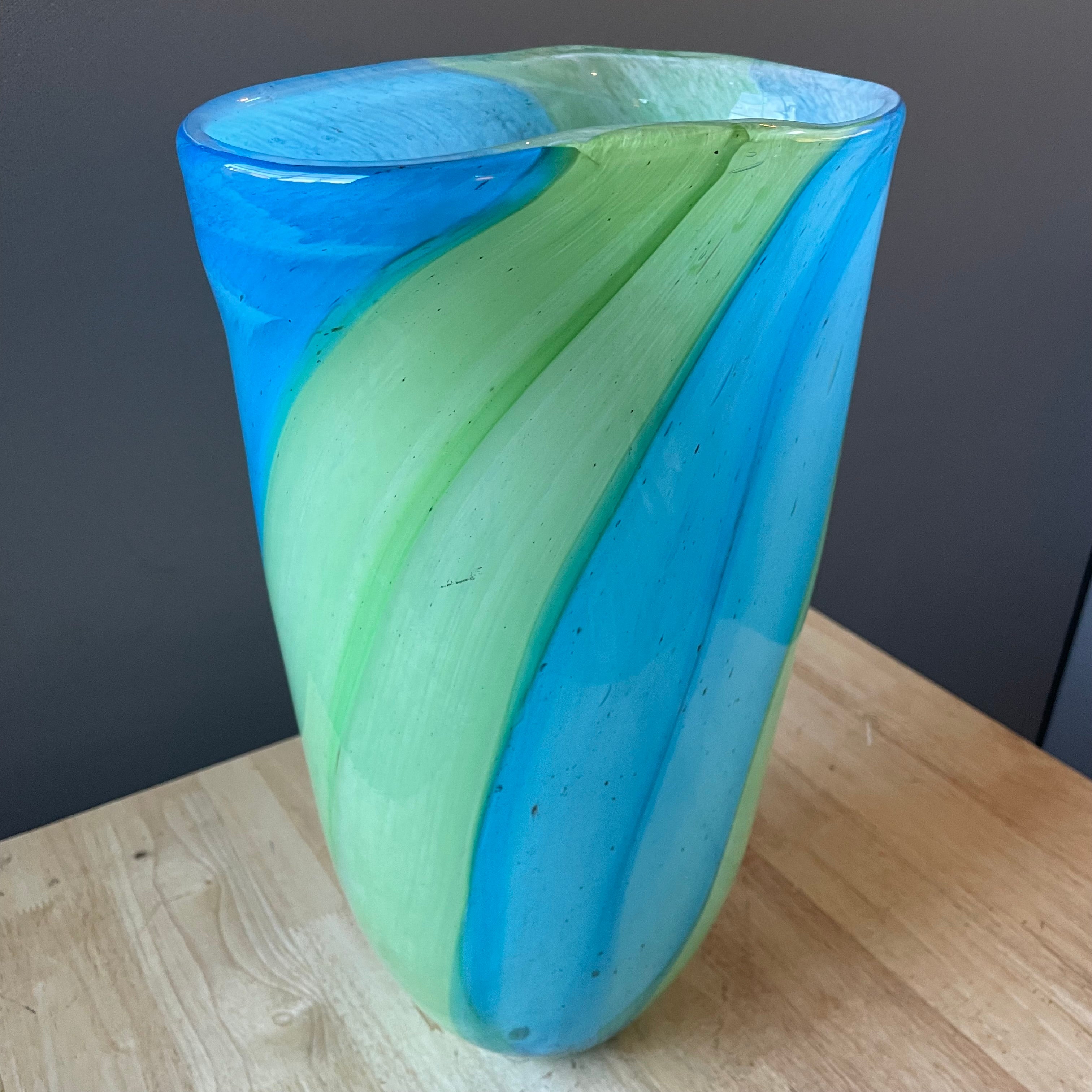 Handblown Blue/Green Swirls Glass Vase, 10"x 16"