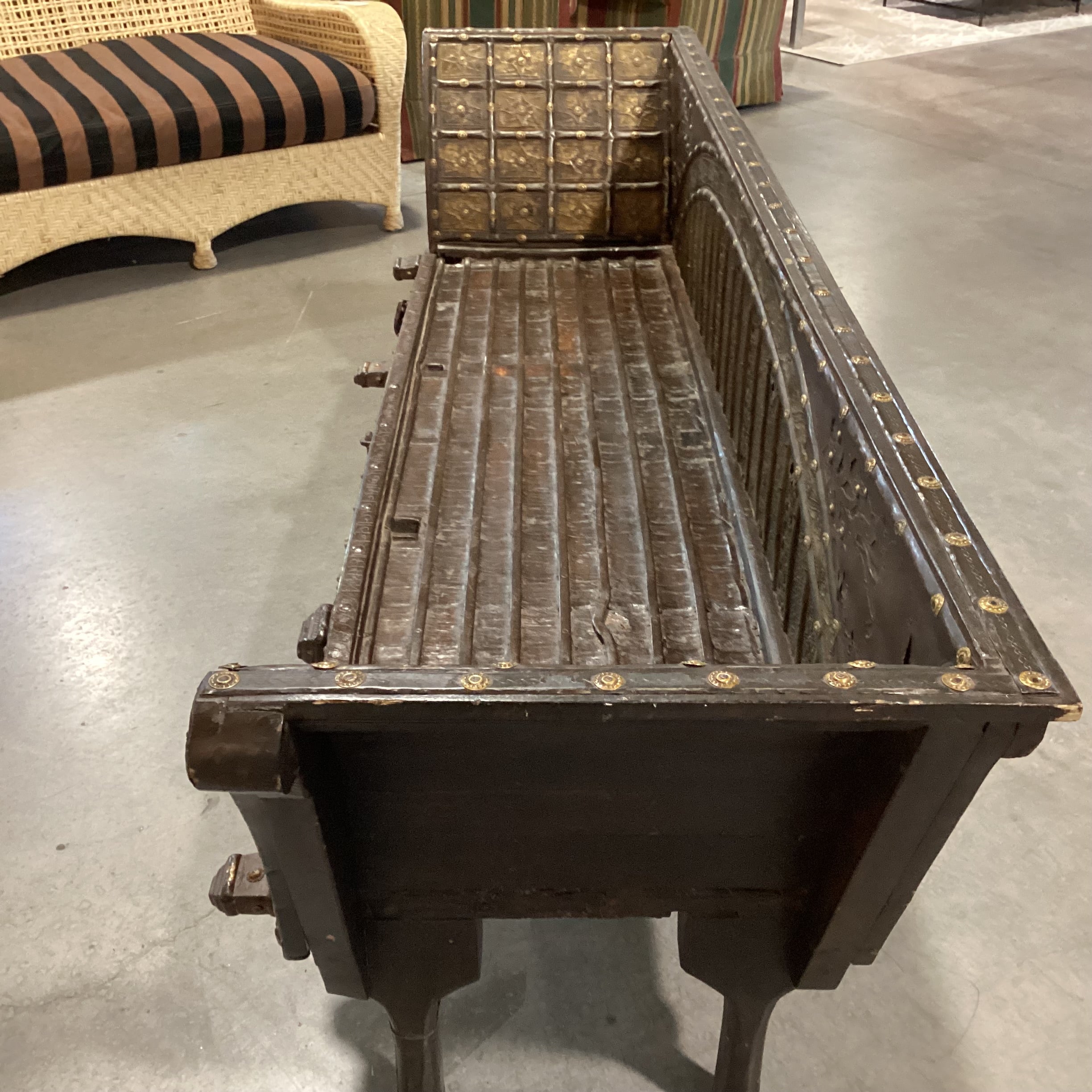 Antique Mogul or Bullock  OX Cart Wood Iron & Brass Bench 92"x 26"x 32"