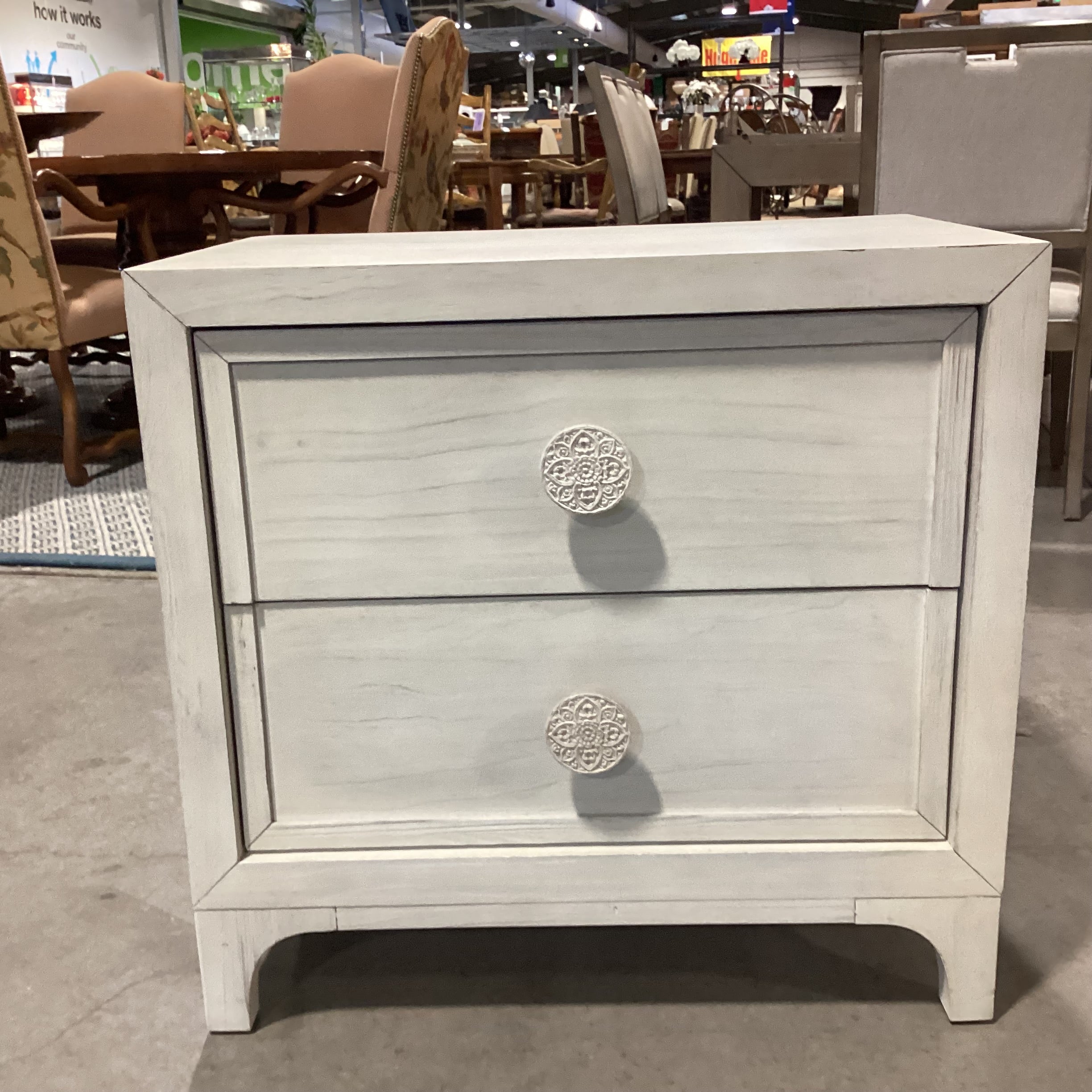 Bohemia White Washed Wood with Carved Mandala Pulls 2 Drawer Nightstand 28"x 18"x 27"