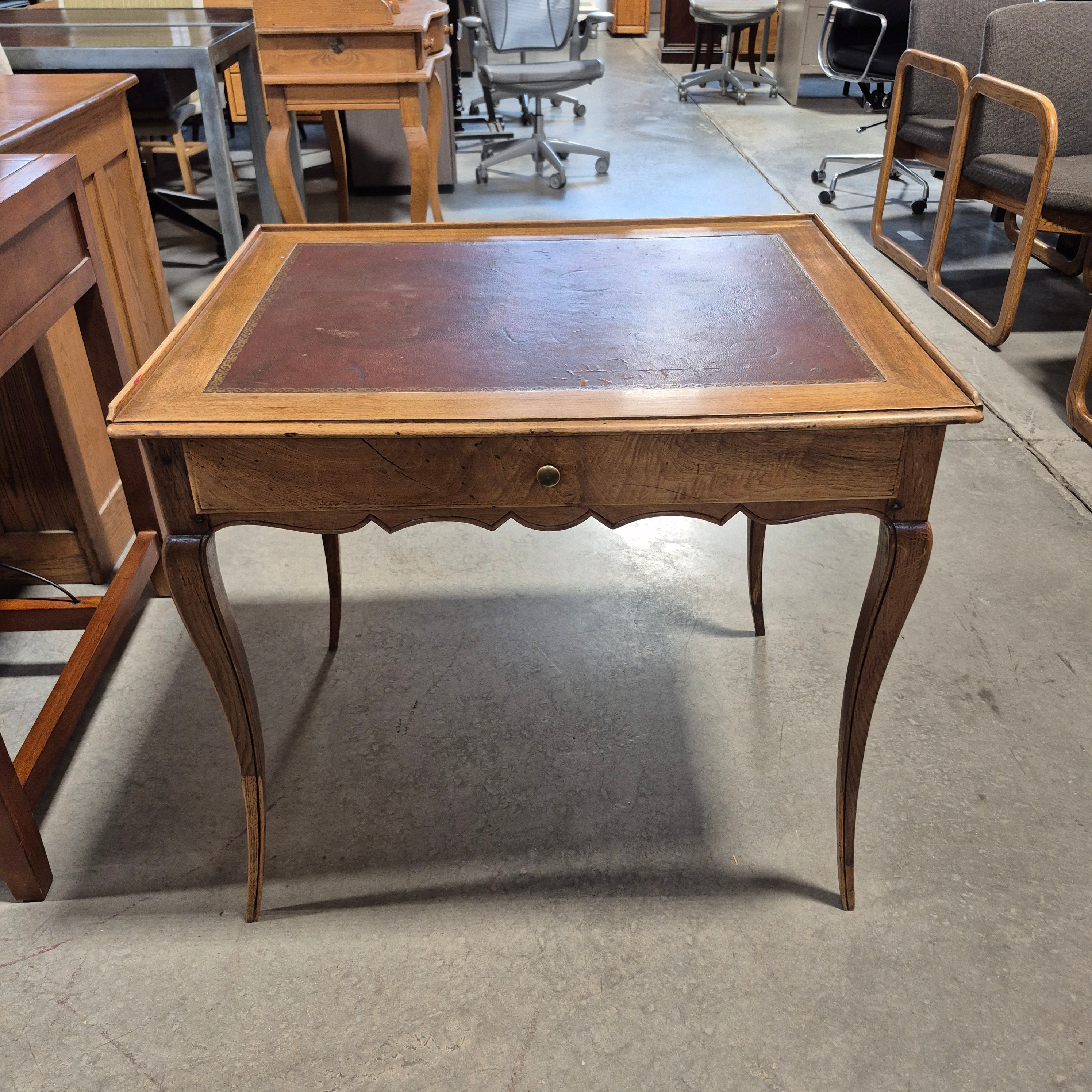 Wood with Brown & Gold Leather Inlay 1 Drawer Accent Table 30.5"x 24"x 28"