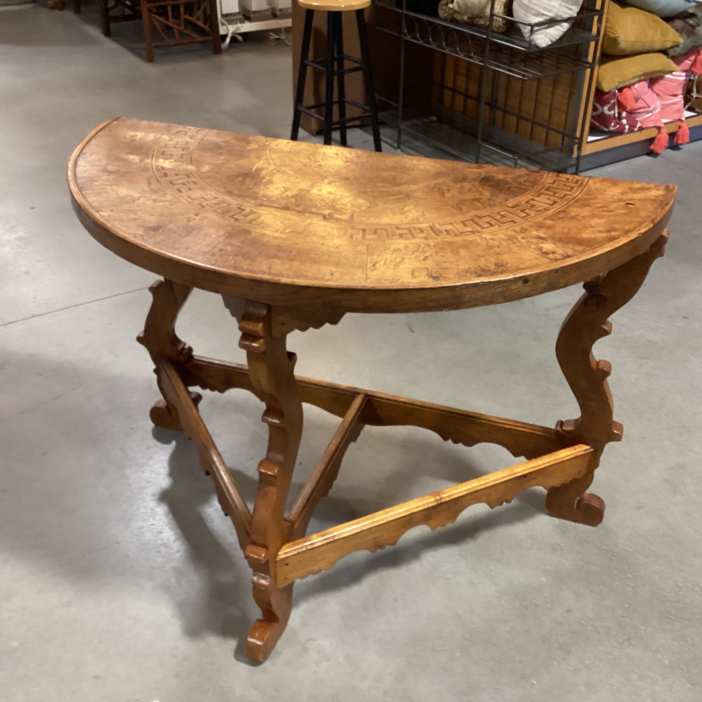 Antique Ornate Carved Wood & Inlay Demi Lune Accent Table 49"x 25"x 35"