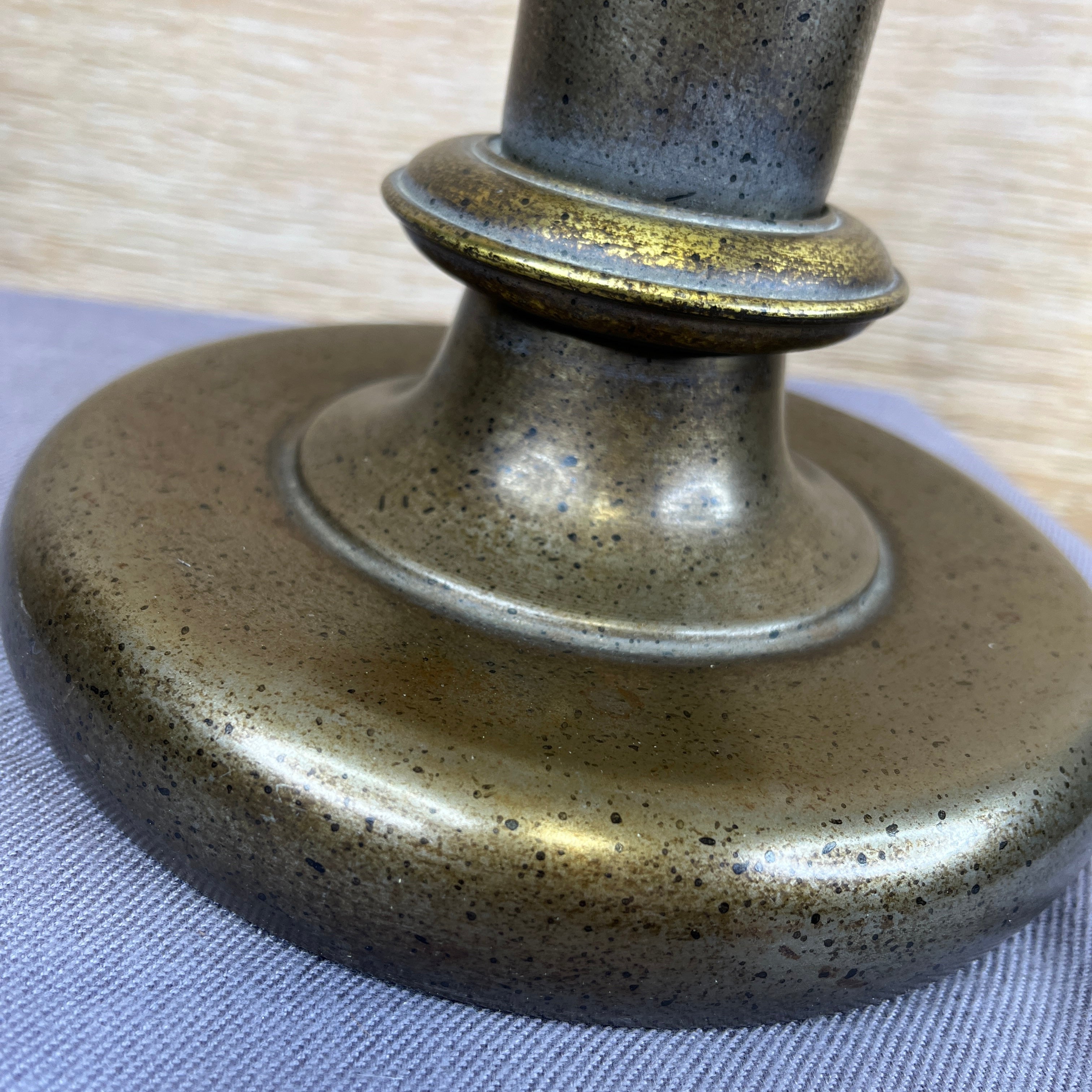 Vintage Antiqued Metal and Brass Candlestick Colum with Shade Table Lamp 20" Diameter @ Shade x 30"