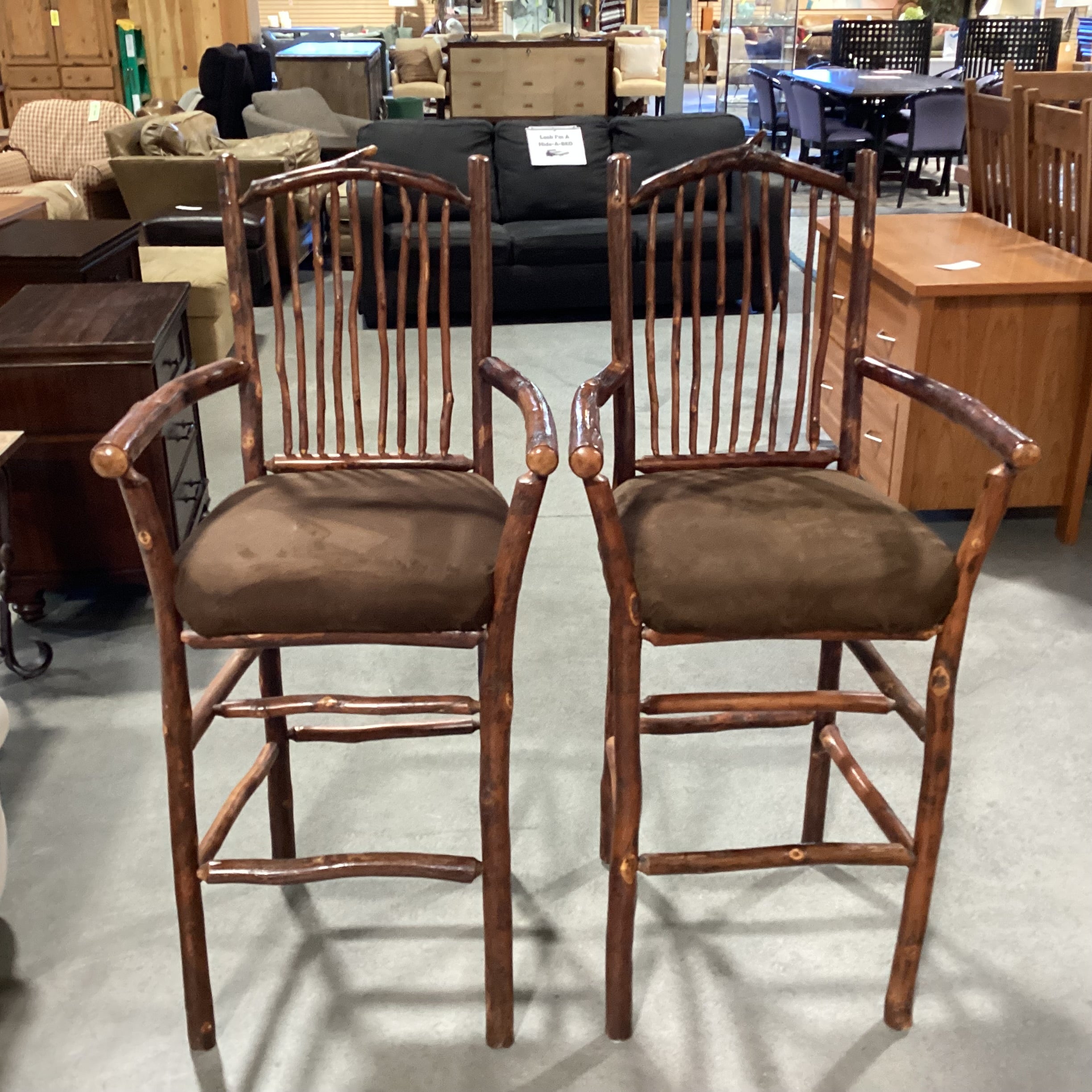 SET of 2 Flat Rock Furniture Hickory & Brown Ultra Suede Barstools 30"