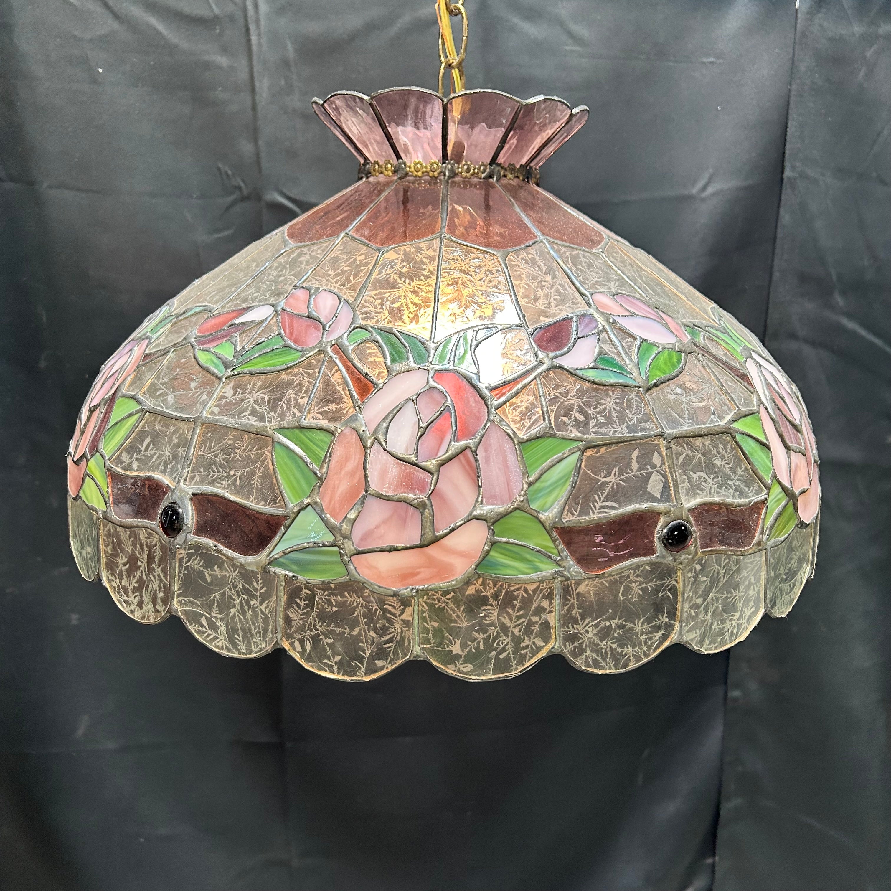 Vintage Tiffany Style Etched Stained Glass Chandelier 20"x 11"