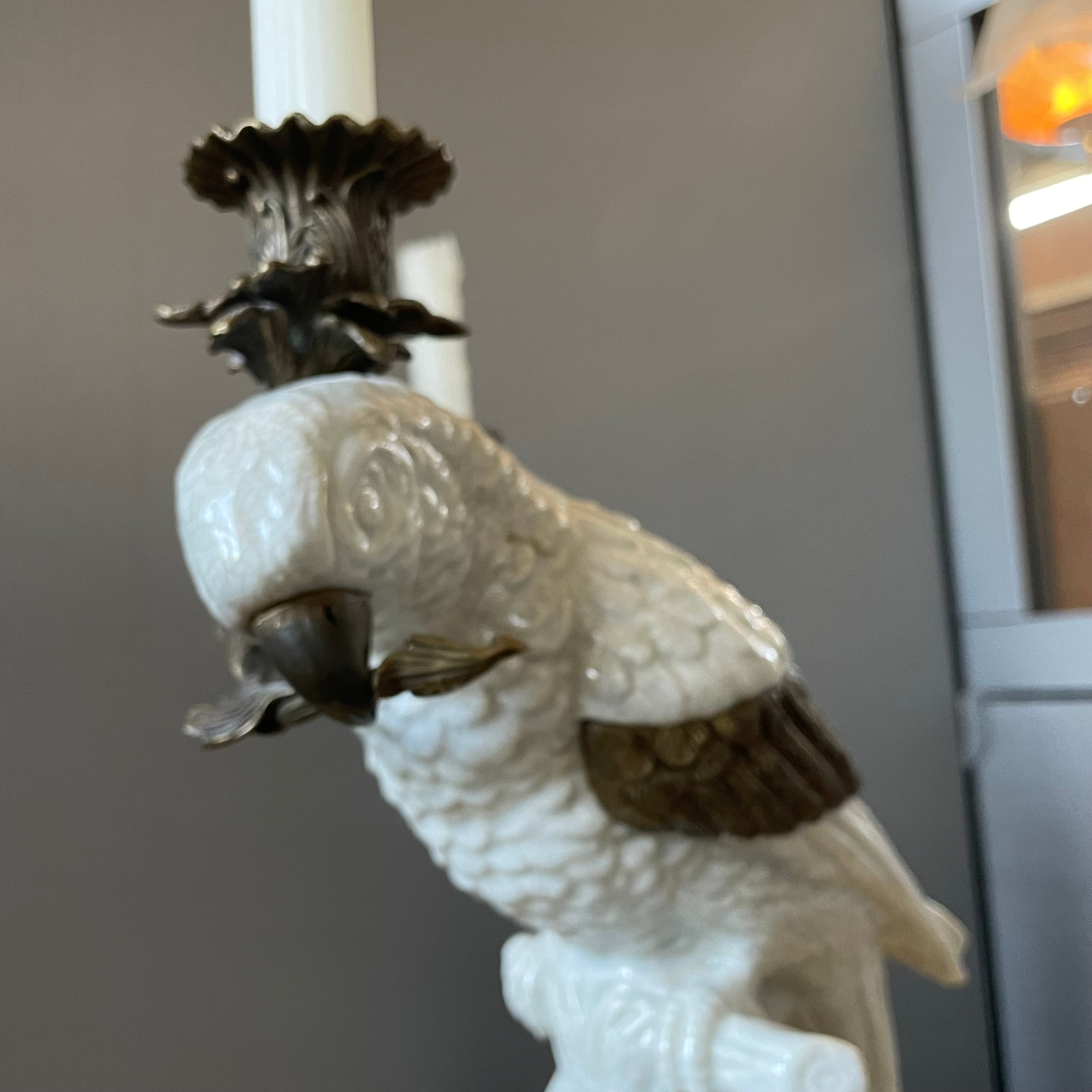 Castilian Imports White Glazed Porcelain with Brass Base Cockatoo Candlesticks, Pair