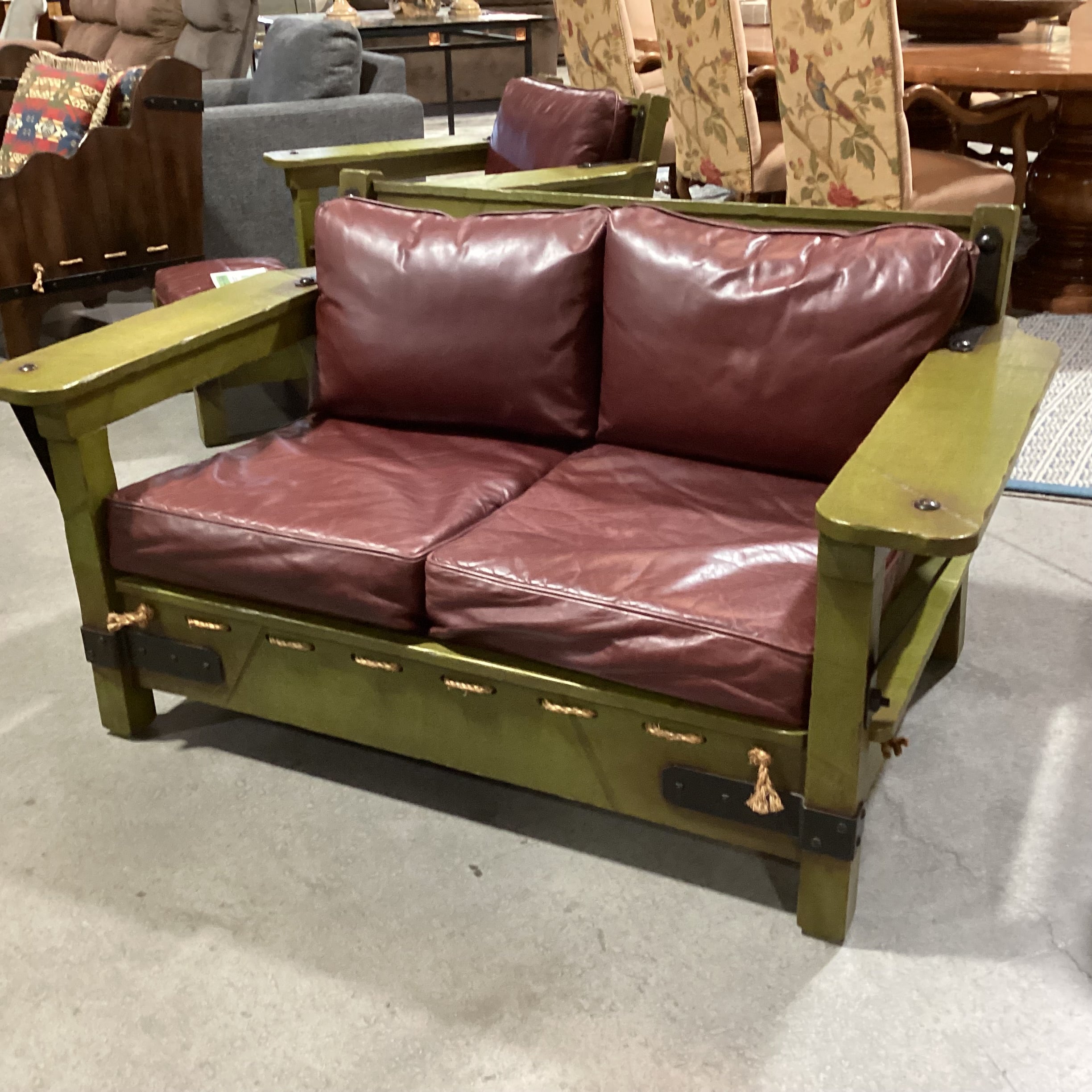 Art in Fine Forms Custom Spanish Green Alder Iron &Rope with Leather Cushions Sofa 57"x 36"x 31"