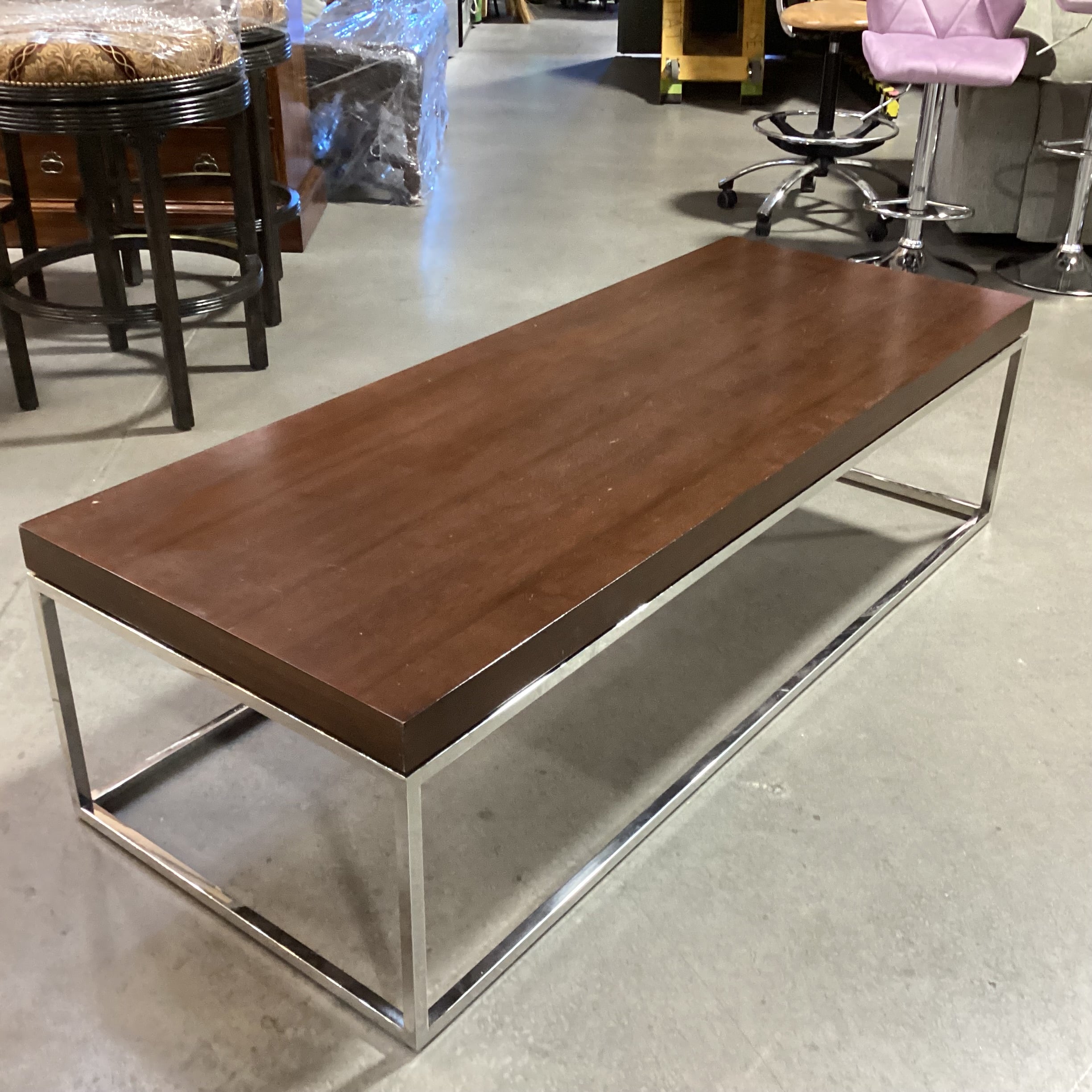 Mitchell Gold & Bob Williams Dark Finish Veneer & Chrome Coffee Table 62"x 24"x 17"