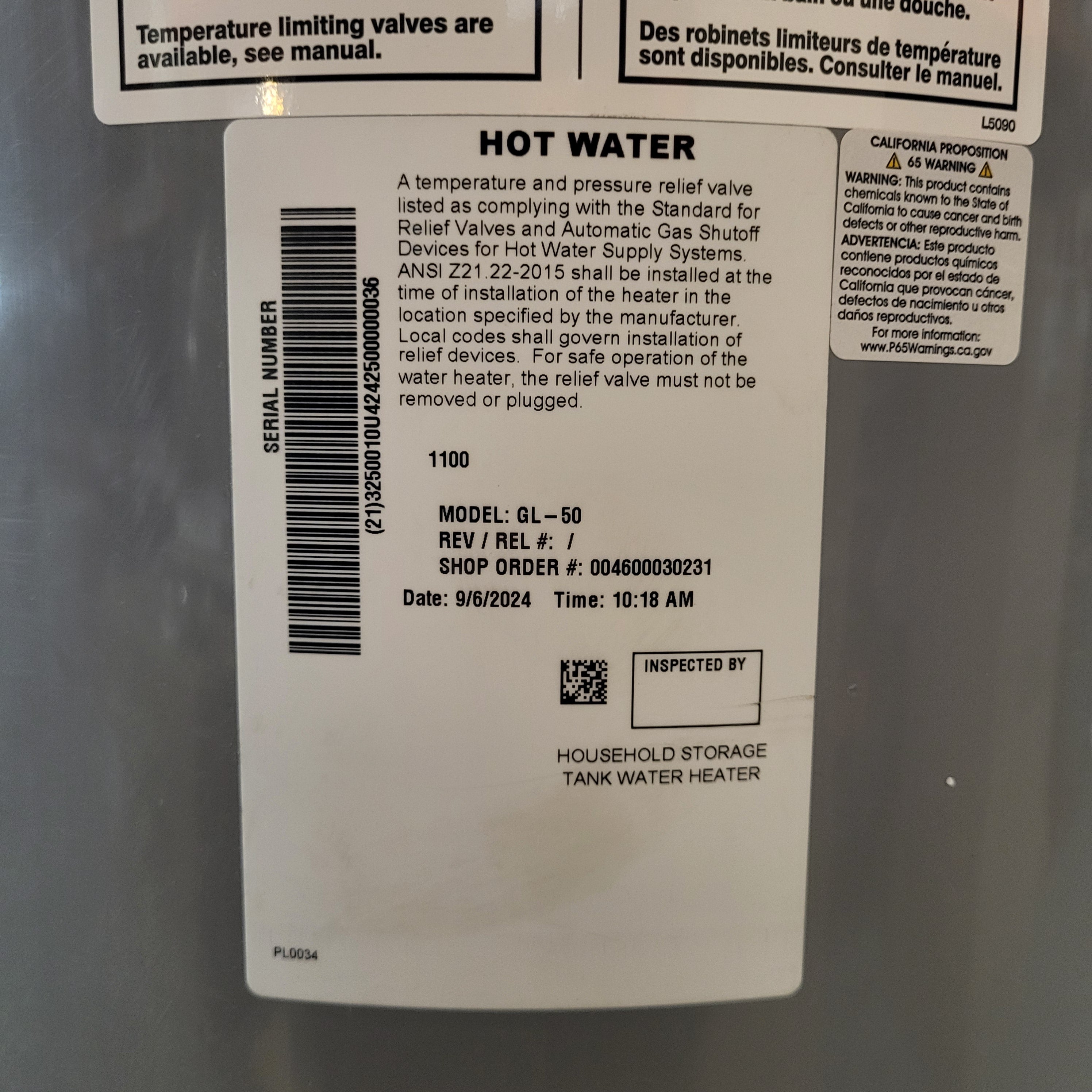 HTP GL-50 Household Storage Tank Water Heater 20"x 52"