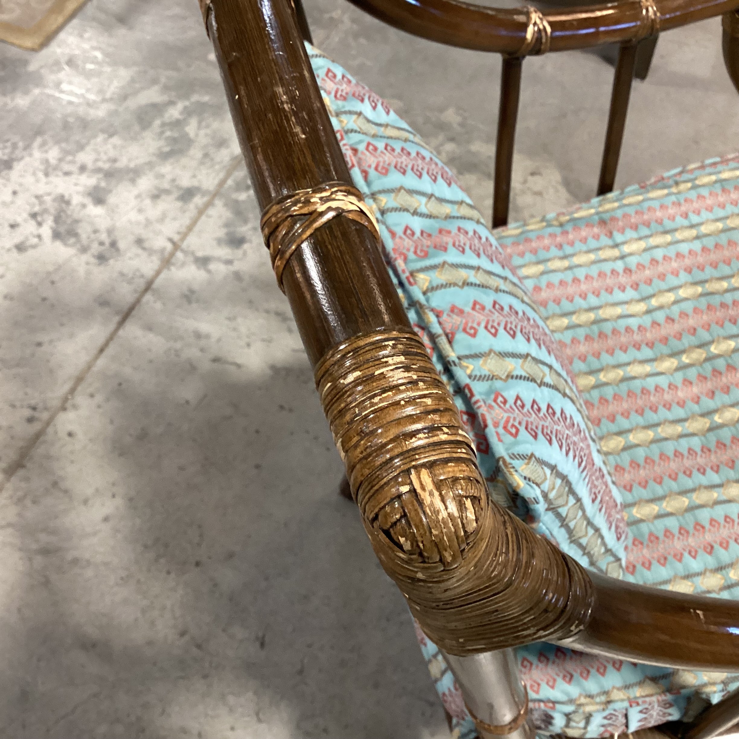 Bamboo Rattan with Blue Red Gold Ribbon Style Fabric Chair 23"x 23"x 34"