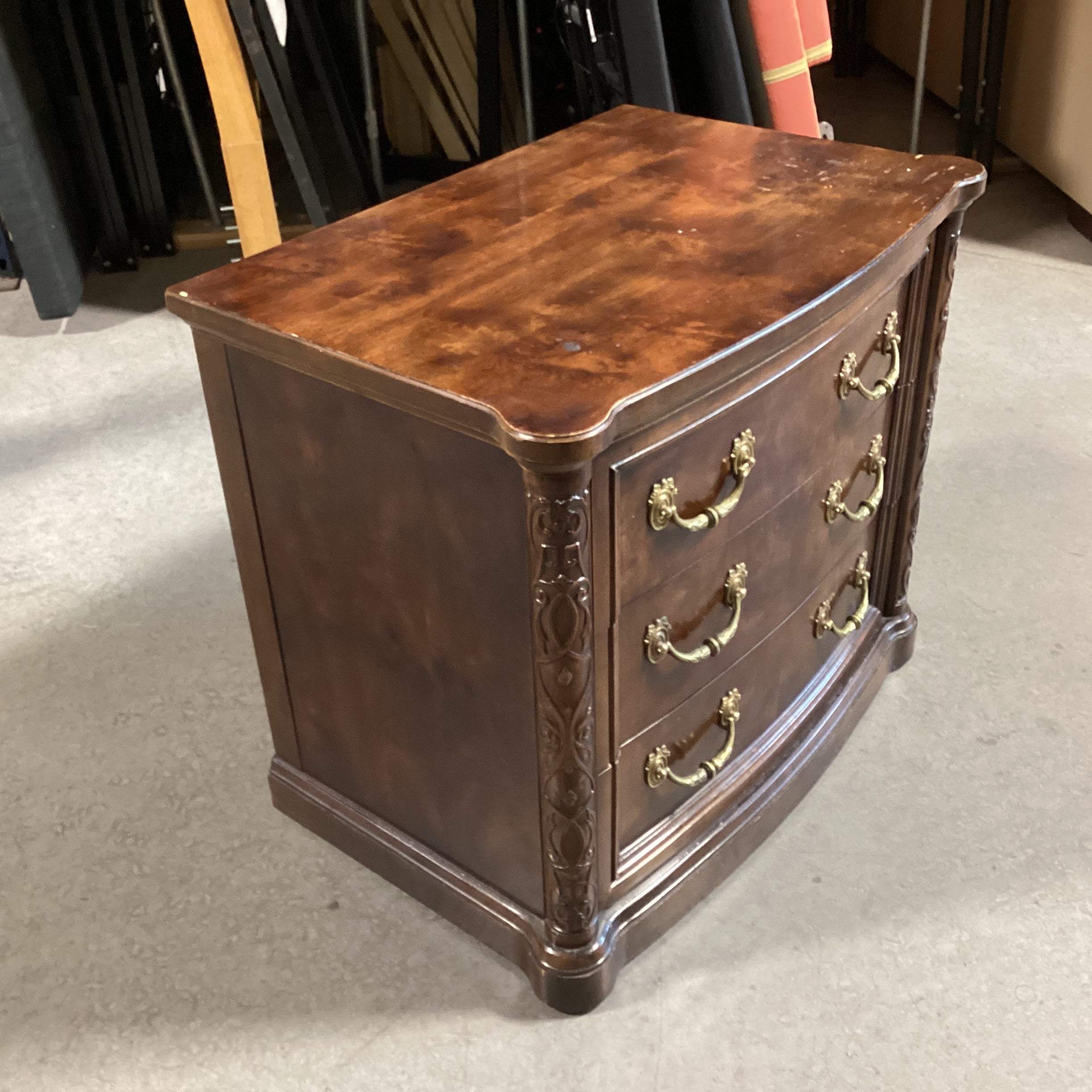Henredon Burl Veneer & Wood with Brass Pulls 3 Drawer Nightstand 28"x 18"x 25"