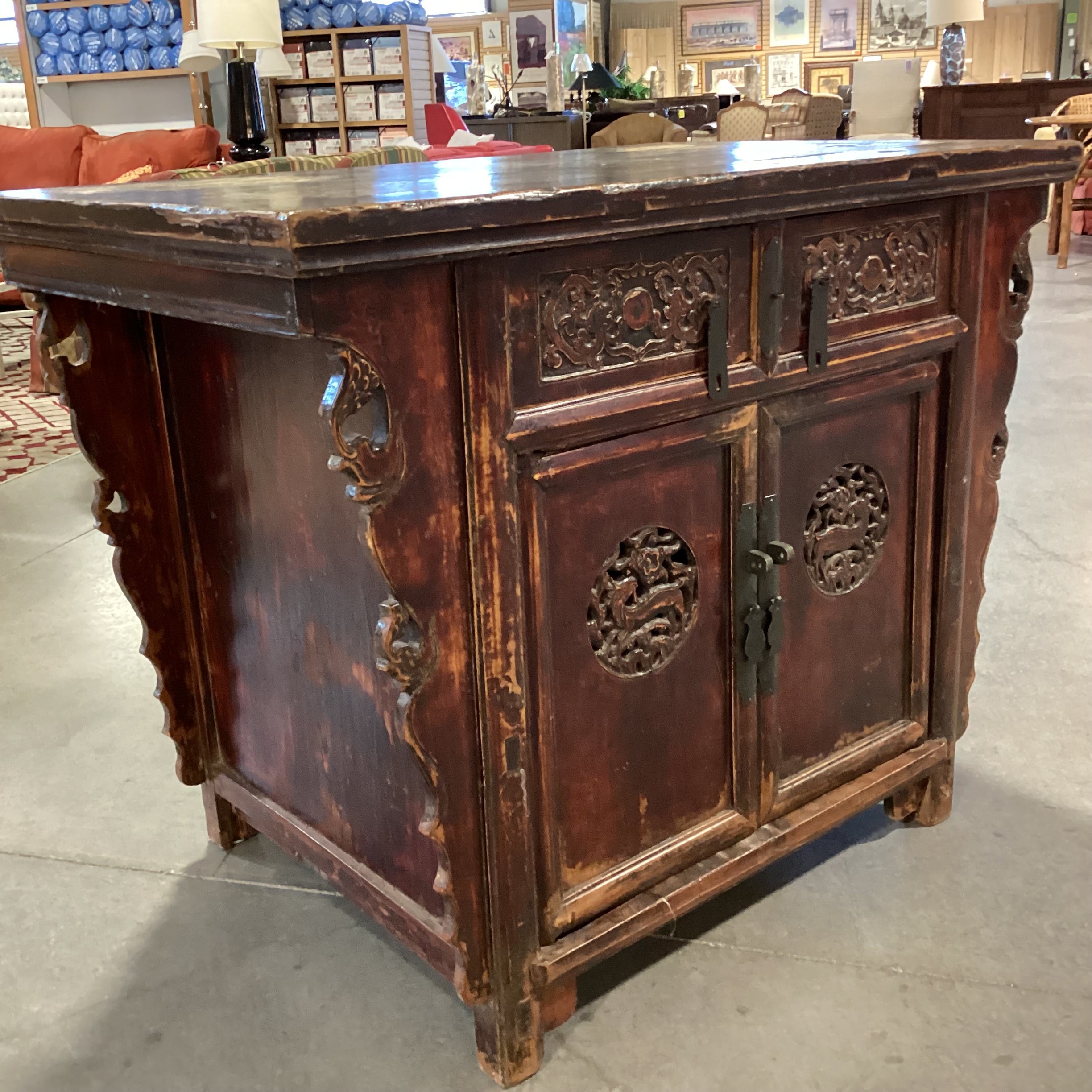 Vintage Antique Asian Carved Wood 2 Door 2 Drawer Alter Cabinet Console 43"x 27.5"x 34"