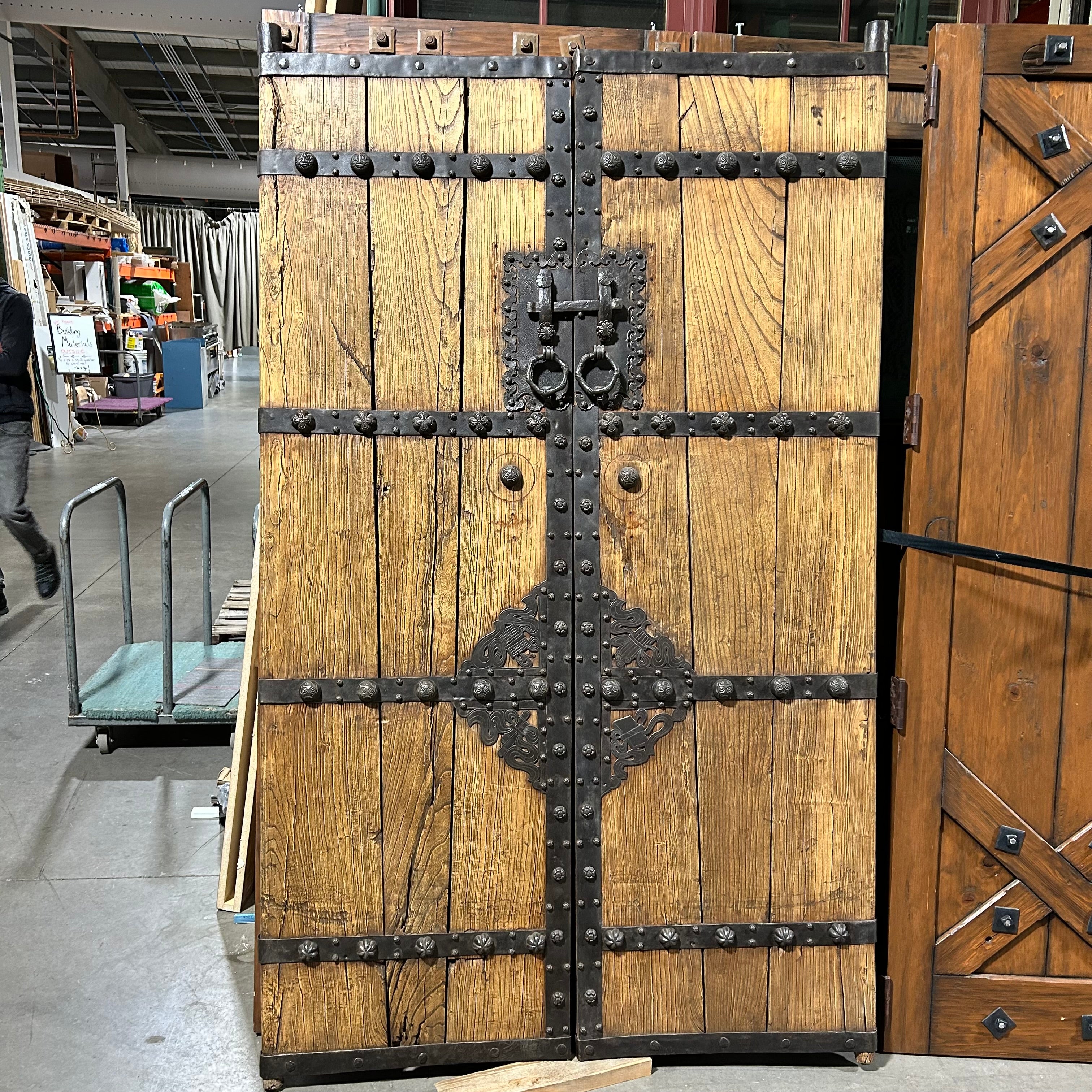 50.5"x 82.75" Antique Chinese Elm Compound Doors with Intriquite Iron Hardware