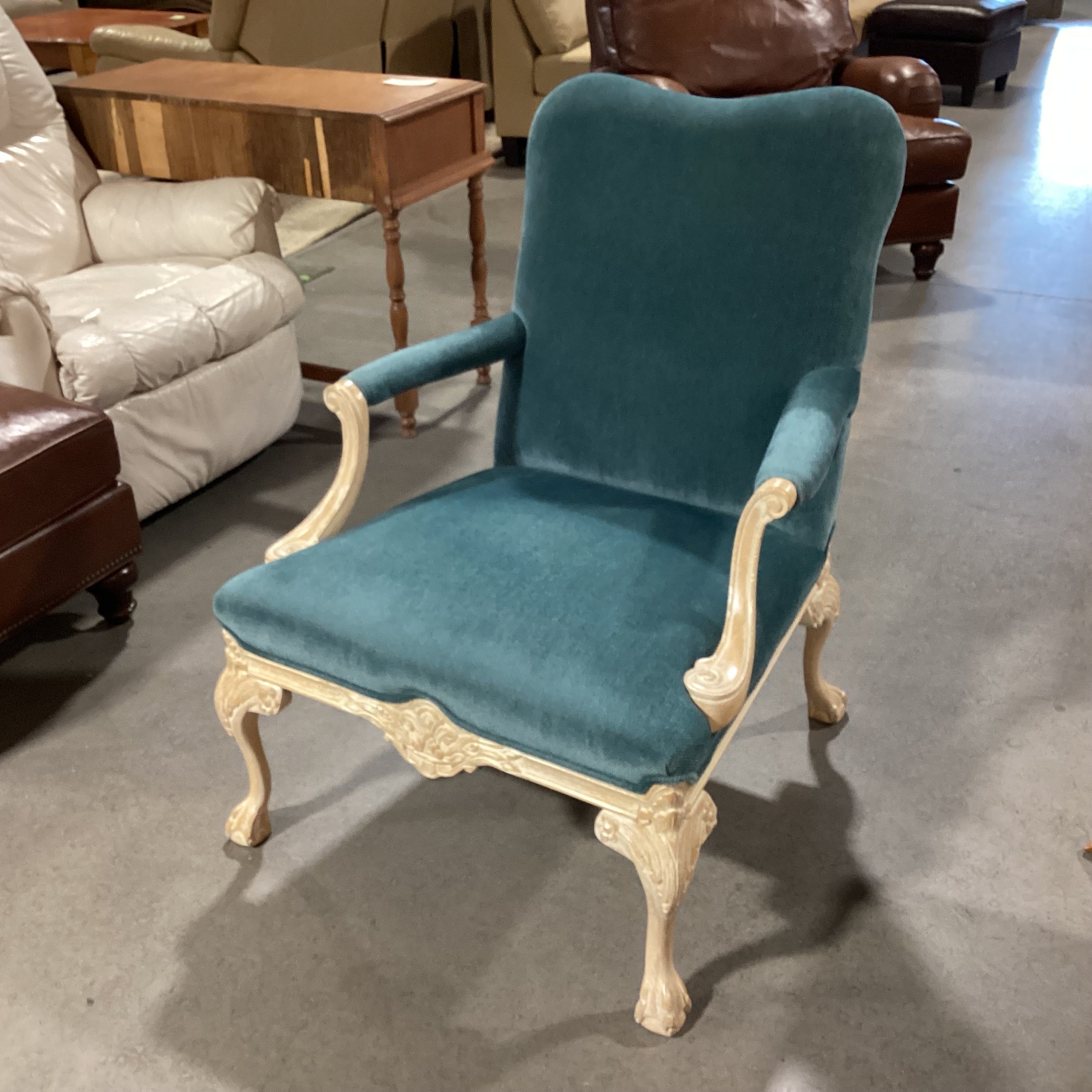 Teal Upholstered White Washed Carved Wood Chair 28"x 30"x 38"