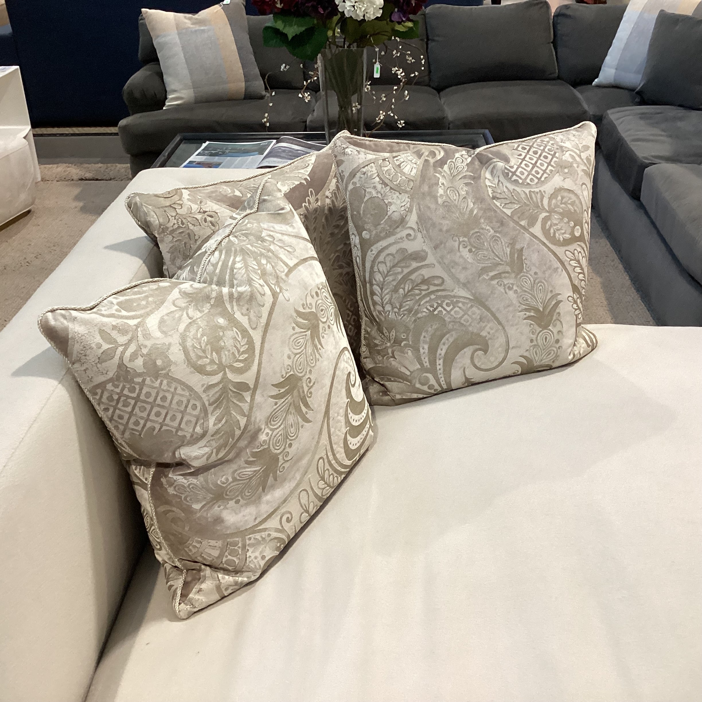 JJ Custom Dove Grey Wool Down Mix with Metallic Taupe &Ivory Accent Pillows Modern Chaise Sofa 76"x 48"x 33"