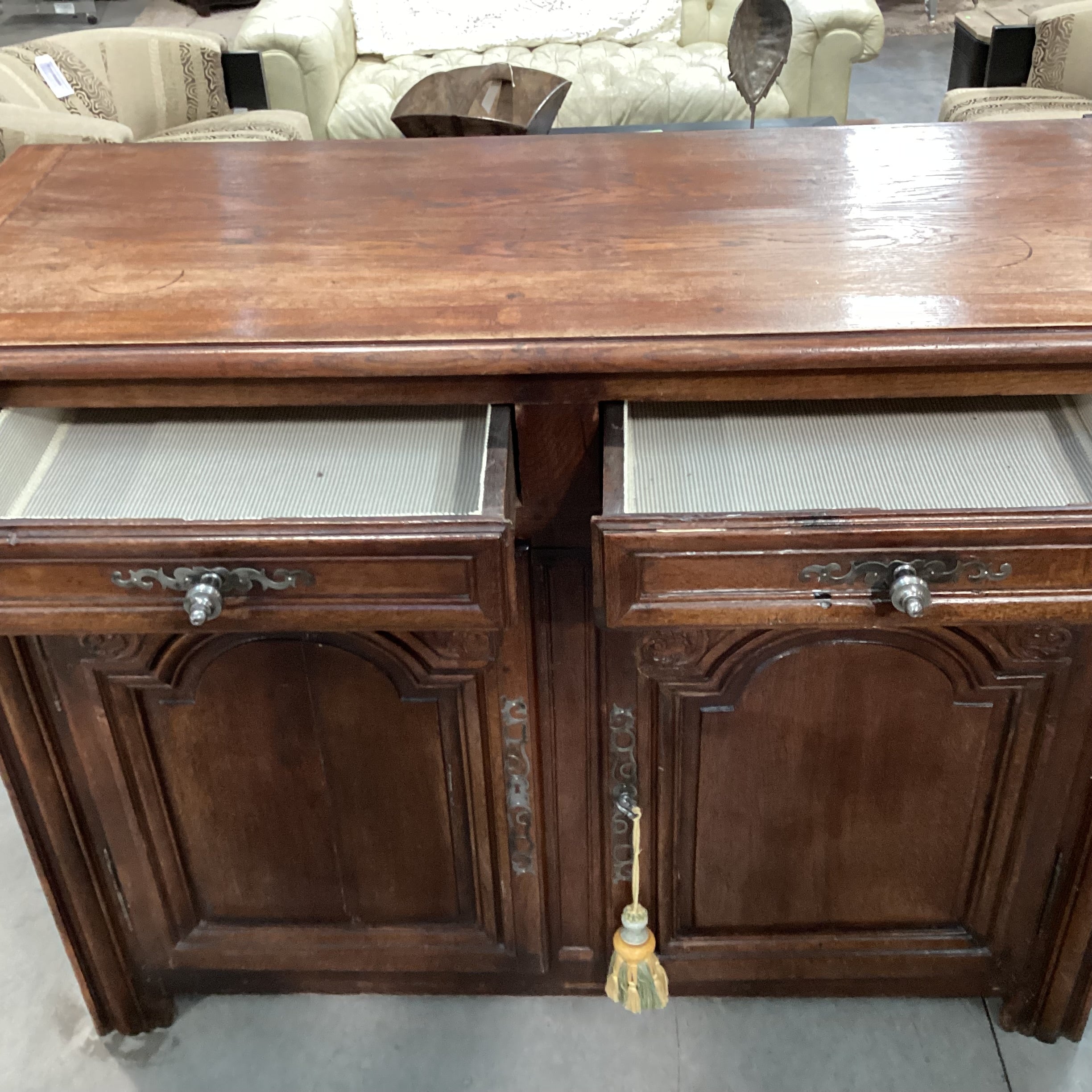 Antique Carved Wood 2 Drawer 2 Door with Shelves Sideboard 58.5"x 24"x 45"
