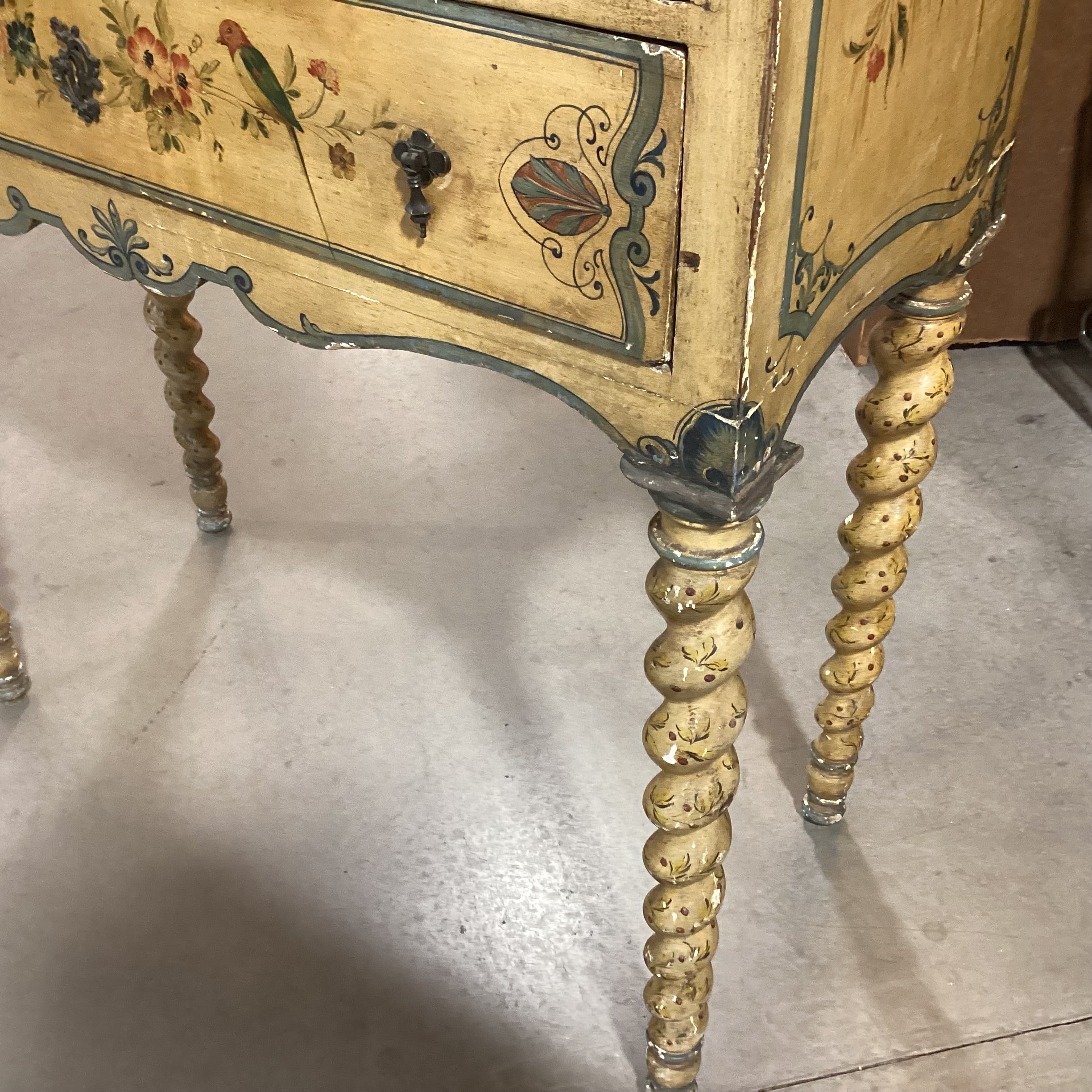Antique Spindle Leg Hand Painted Bird & Floral 3 Drawer Chest 42"x 19"x 55"