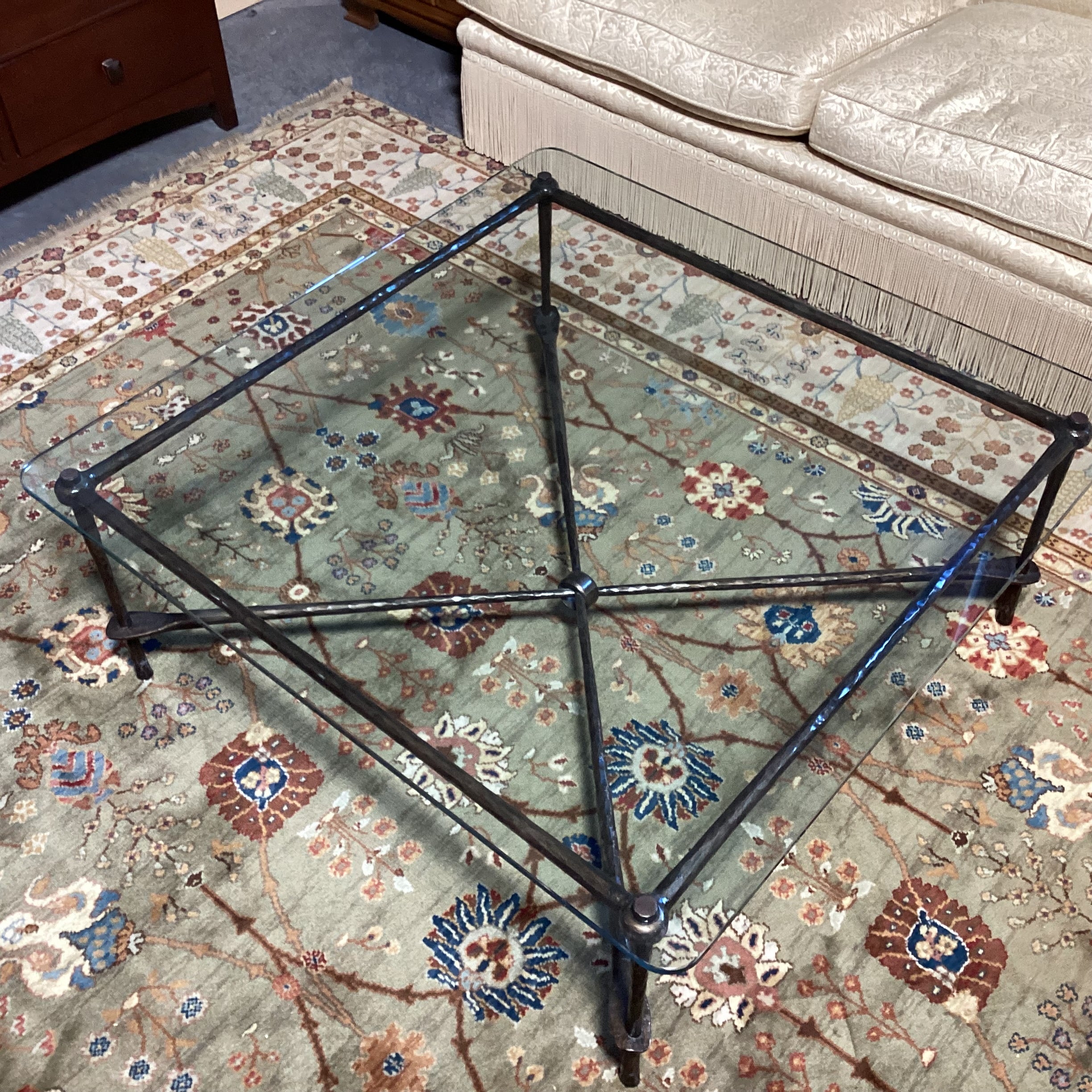 Textured Iron X Base & Glass Coffee Table 43"x 43"x 18"