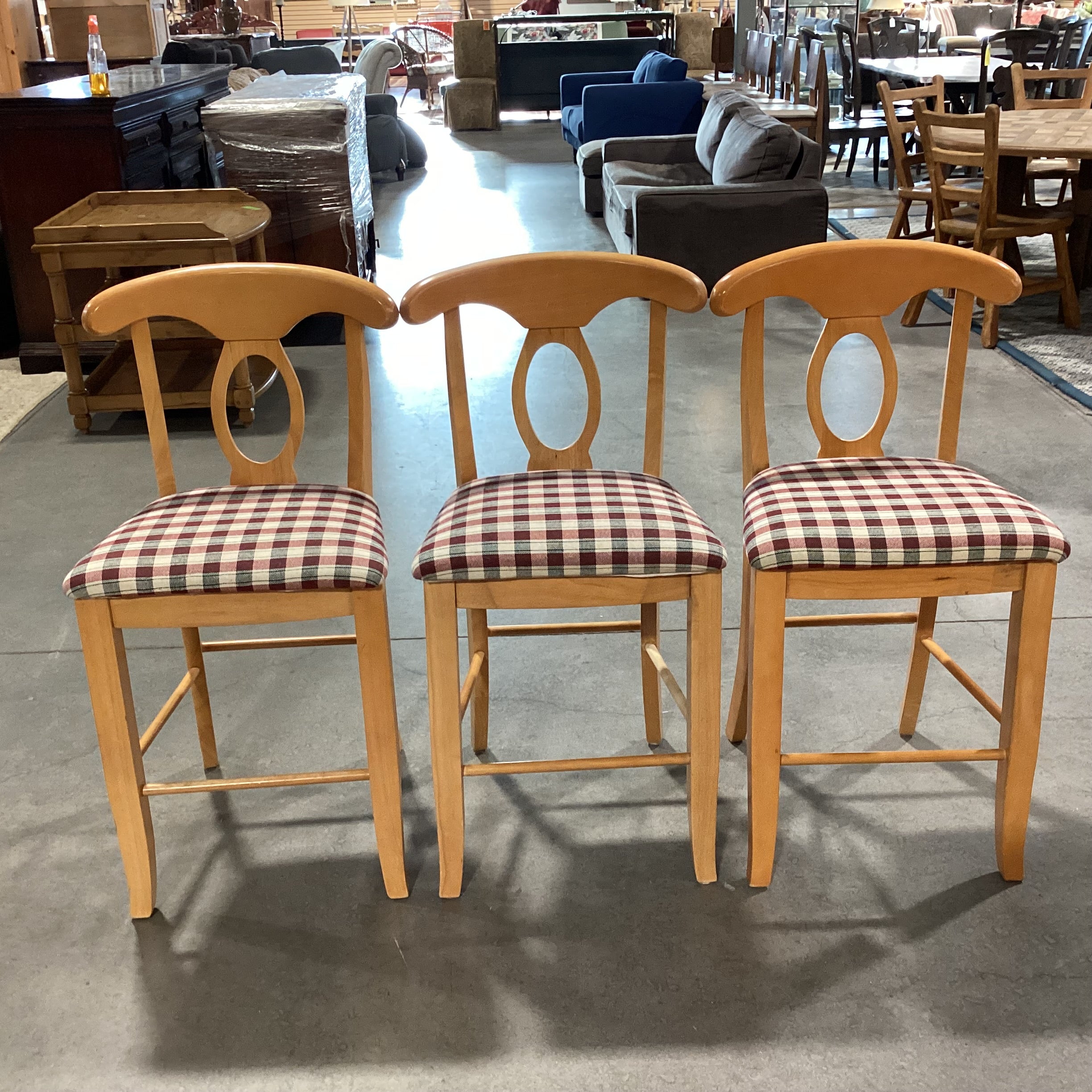 SET of 3 Pottery Barn Pine Napoleon Keyhole Back & Plaid Seat Barstools 25"