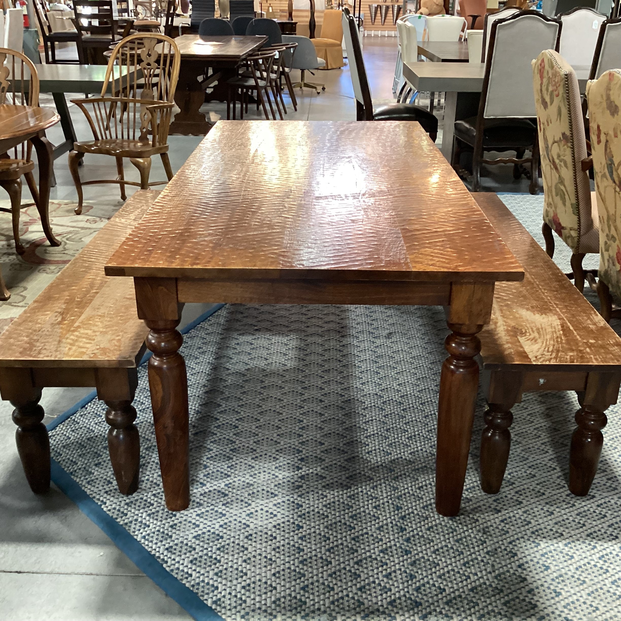 Divet Textured Distressed Solid Wood Table with 2 Benches Dining Set 82"x 38"x 30"