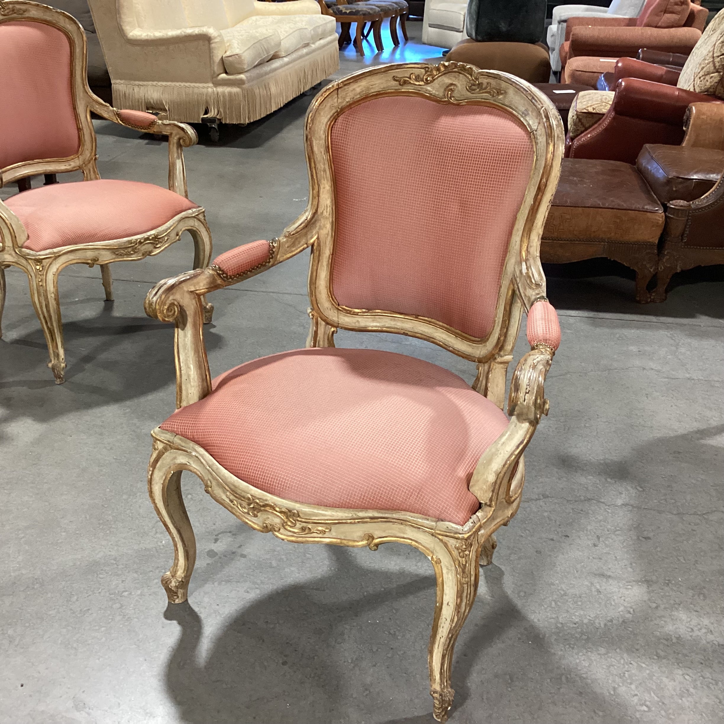 Antique French Provincial Ornate Carved Cream Gold Wood Orange Gold Upholstered Chair 31"x 26"x 41"