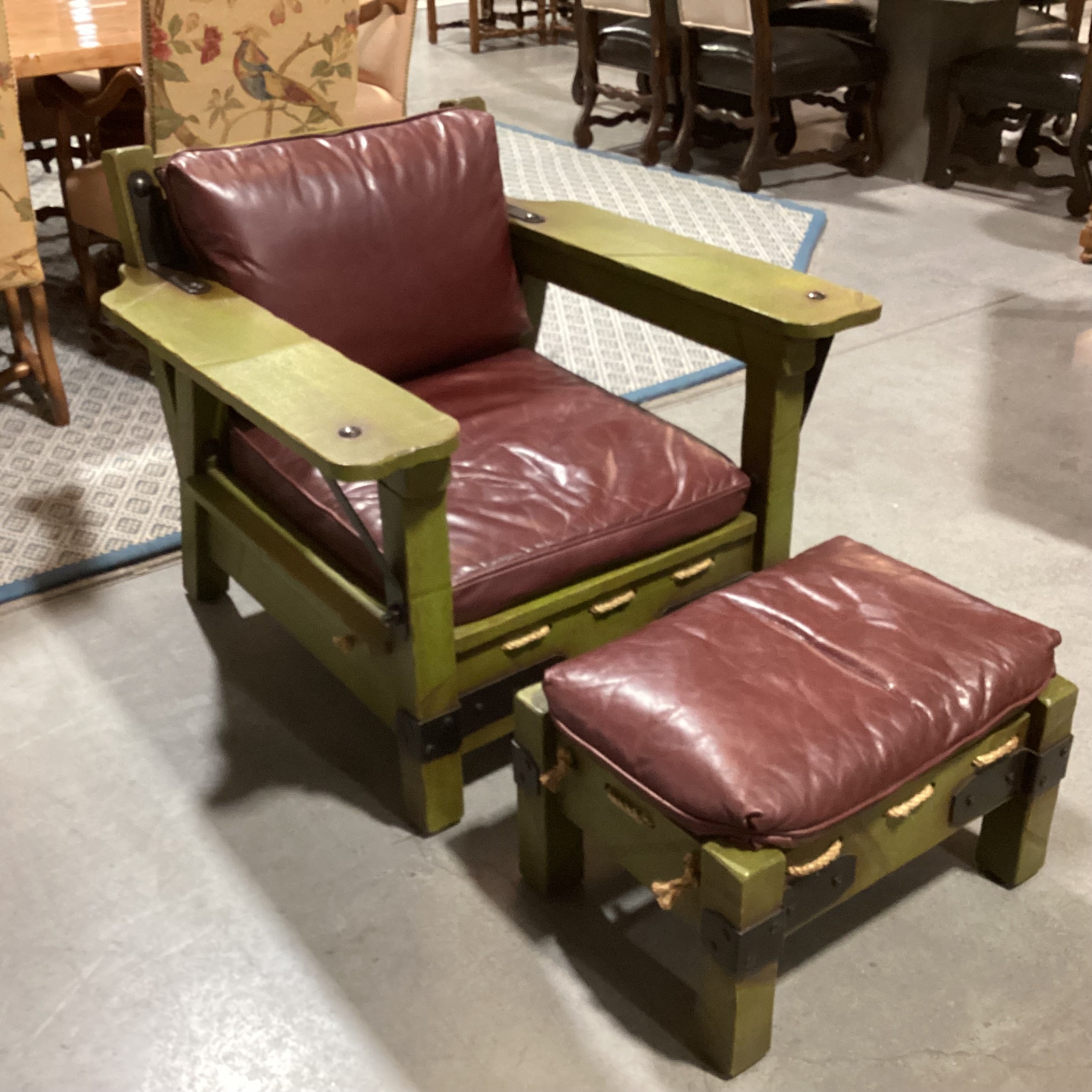 Art in Fine Forms Custom Spanish Green Alder Iron & Rope Leather Cushions with Ottoman Chair 35"x 36" 31"