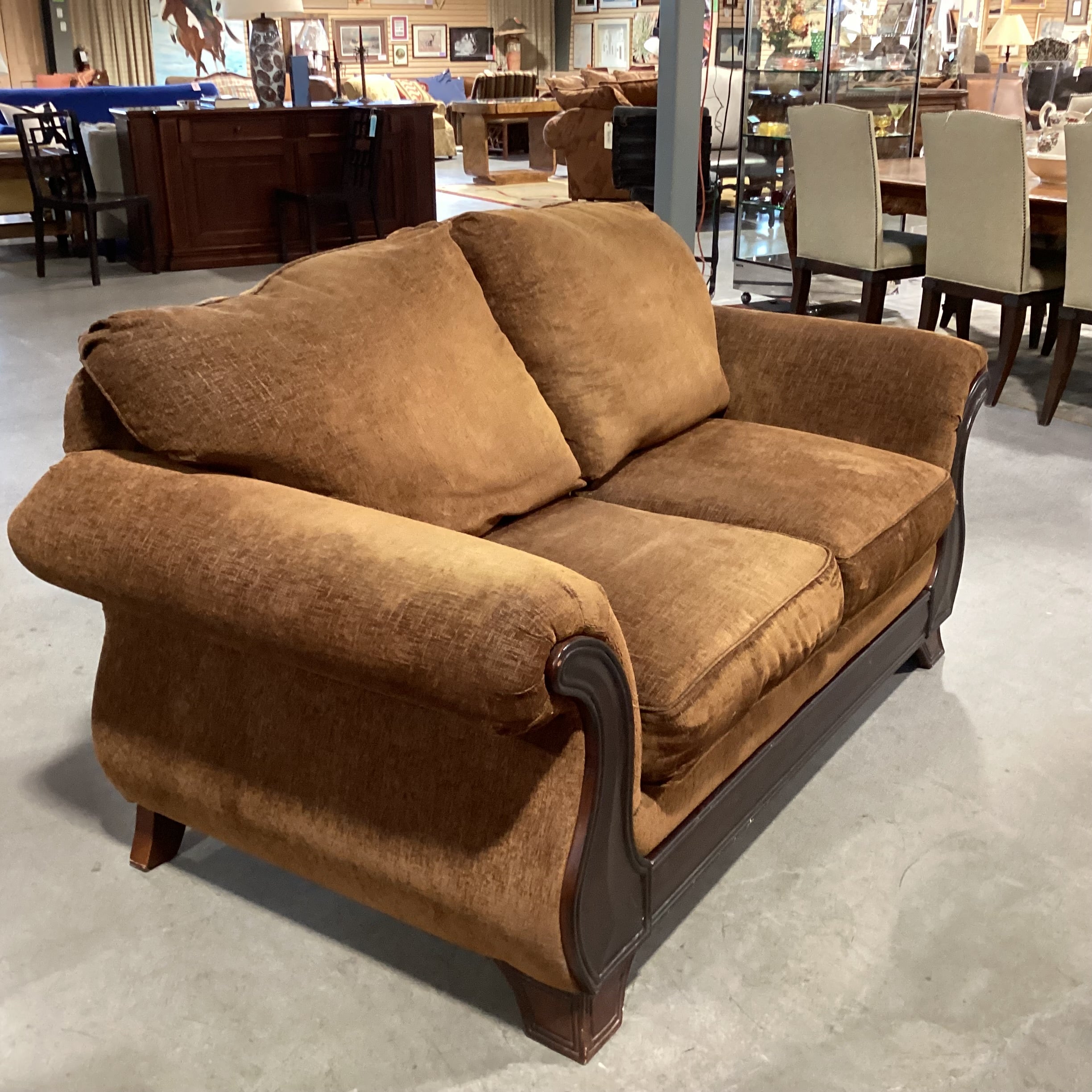 Corinthian Furniture Golden Brown & Carved Wood Sofa 74"x 39"x 39"