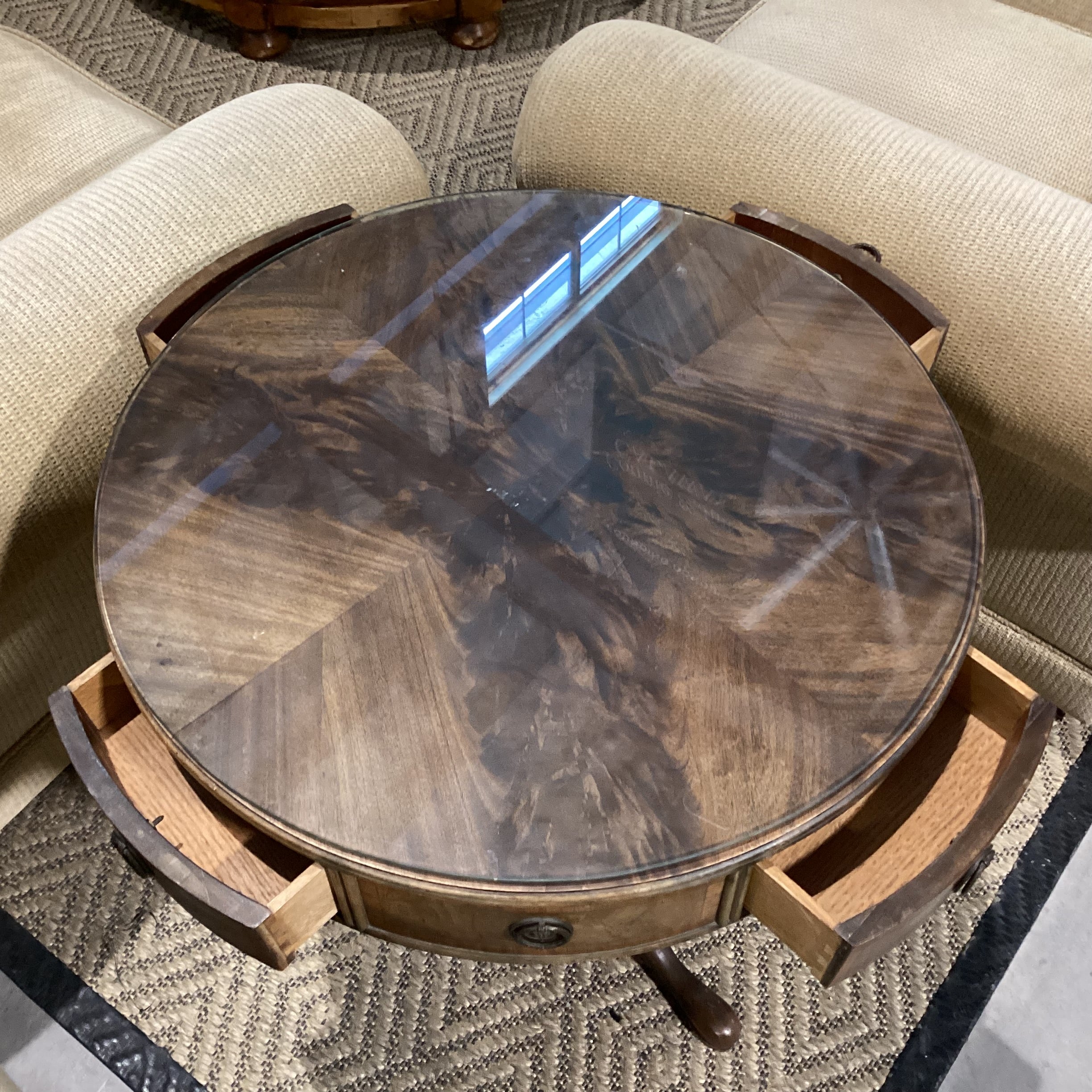 Antique Round Carved Wood &  Flamed Mahogany Veneer 4 Drawer Glass Top Accent Table 30" Diameter x 29.5"