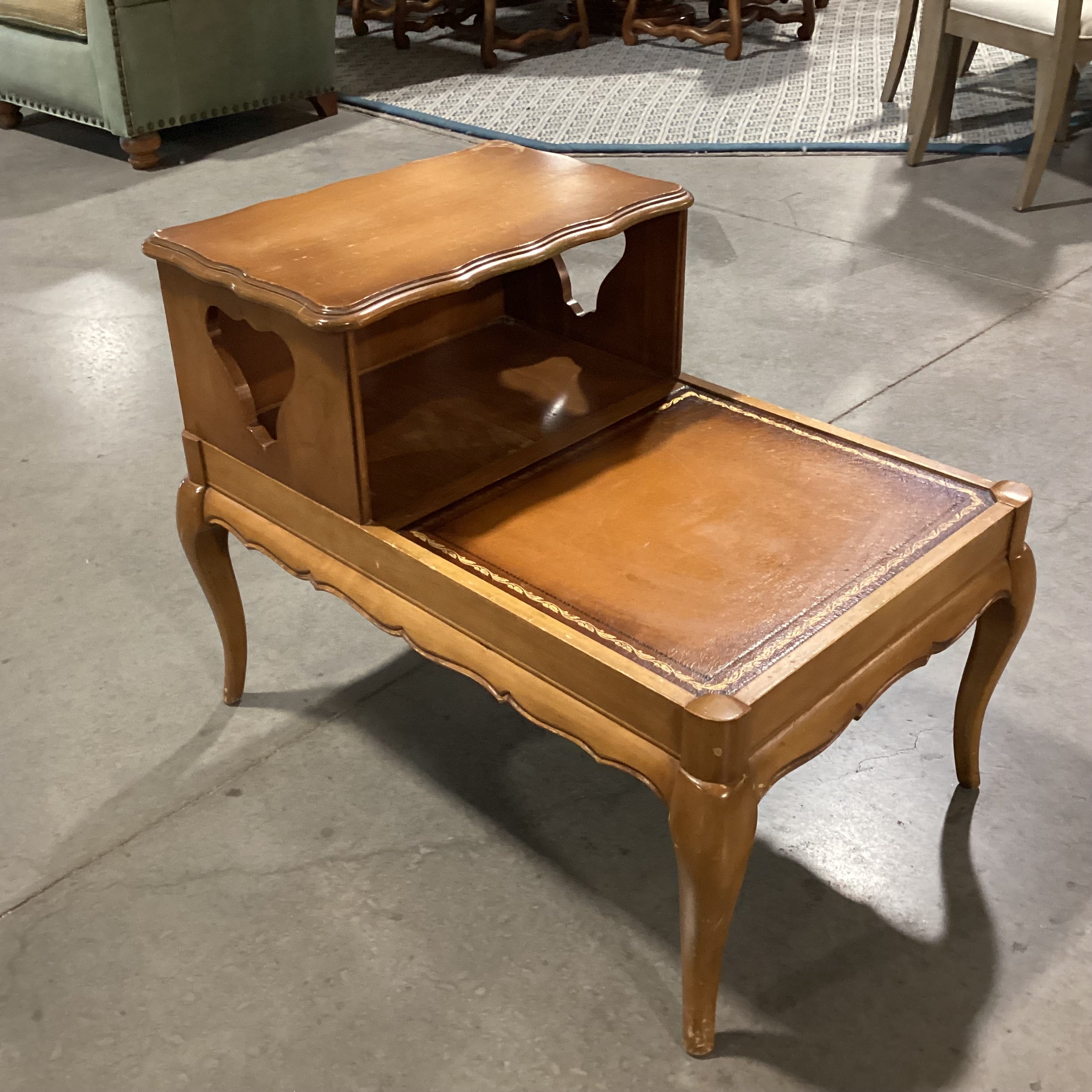 Mid Century Carved Wood & Leather Top with Cubby End Table21"x 32"x 24.5"