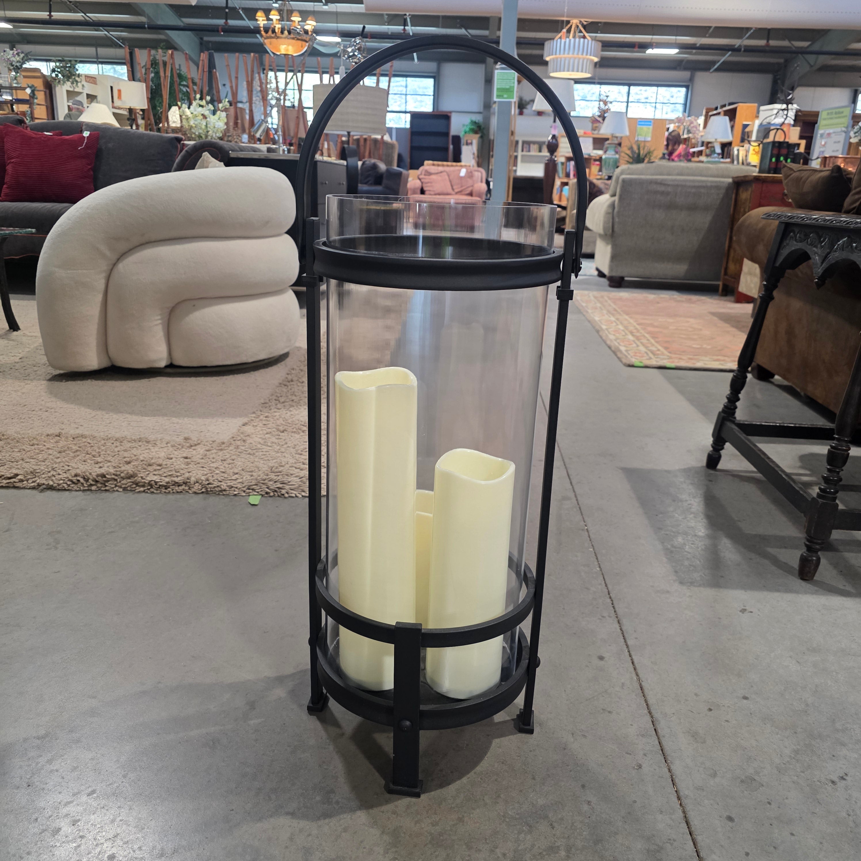 Large 3 Candle Iron & Glass Battery Operated Decorative Hurricane Lantern 11" Diameter x 35"