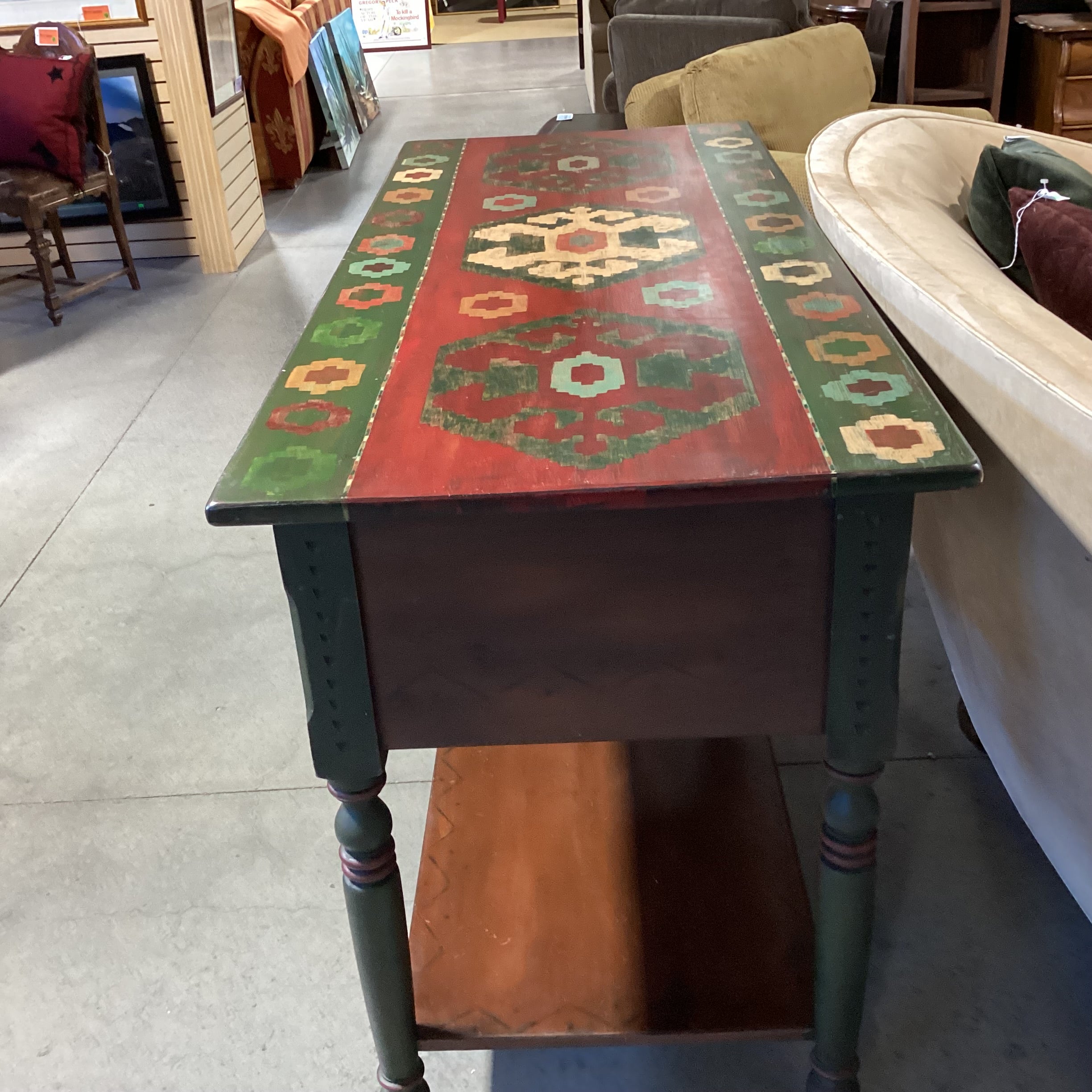 Red & Green Southwest Hand Painted Carved Wood 2 Drawer & Bottom Shelf Console 65"x 27"x 36"
