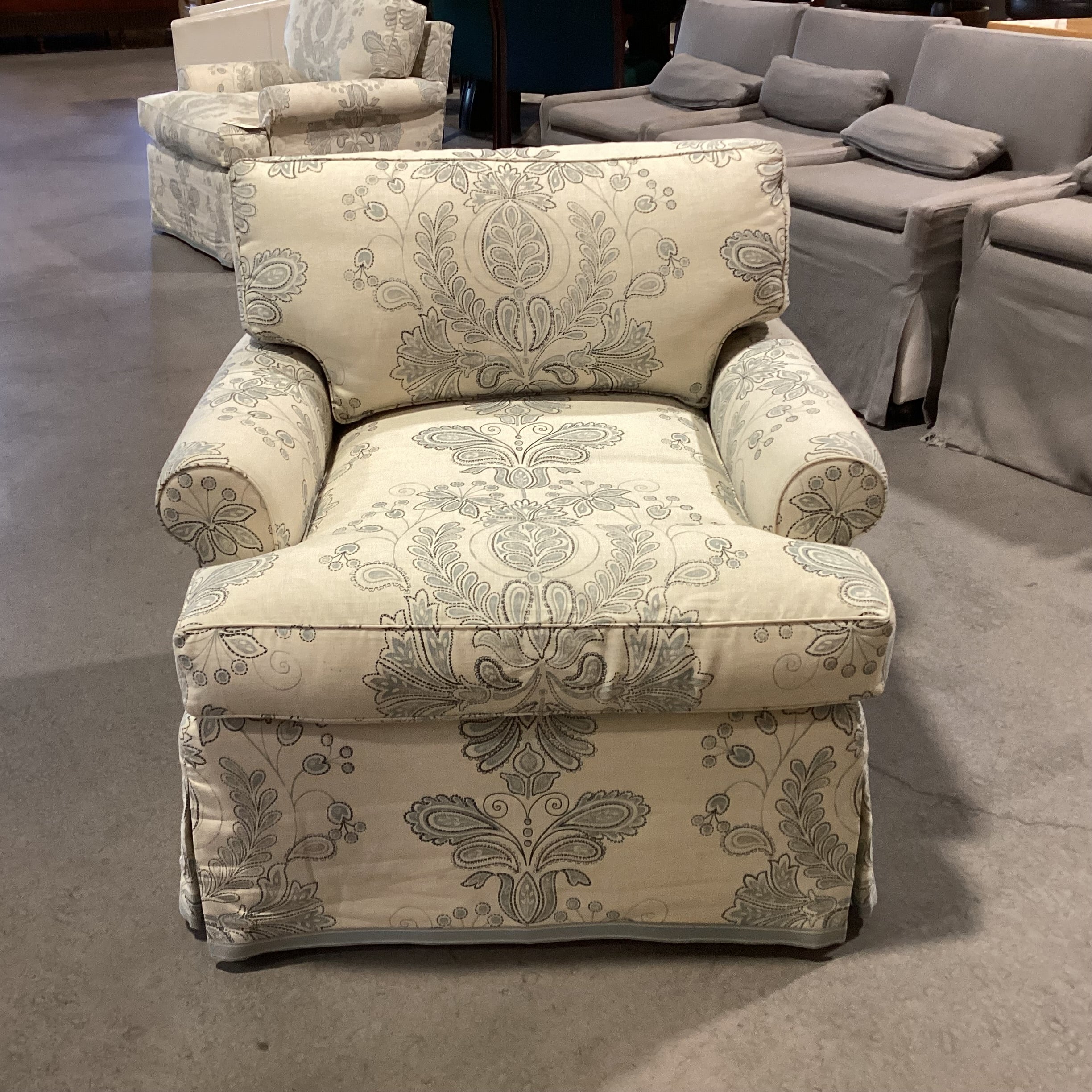 Custom Cream Blue Floral Linen Down Chair 33"x 33"x 28"